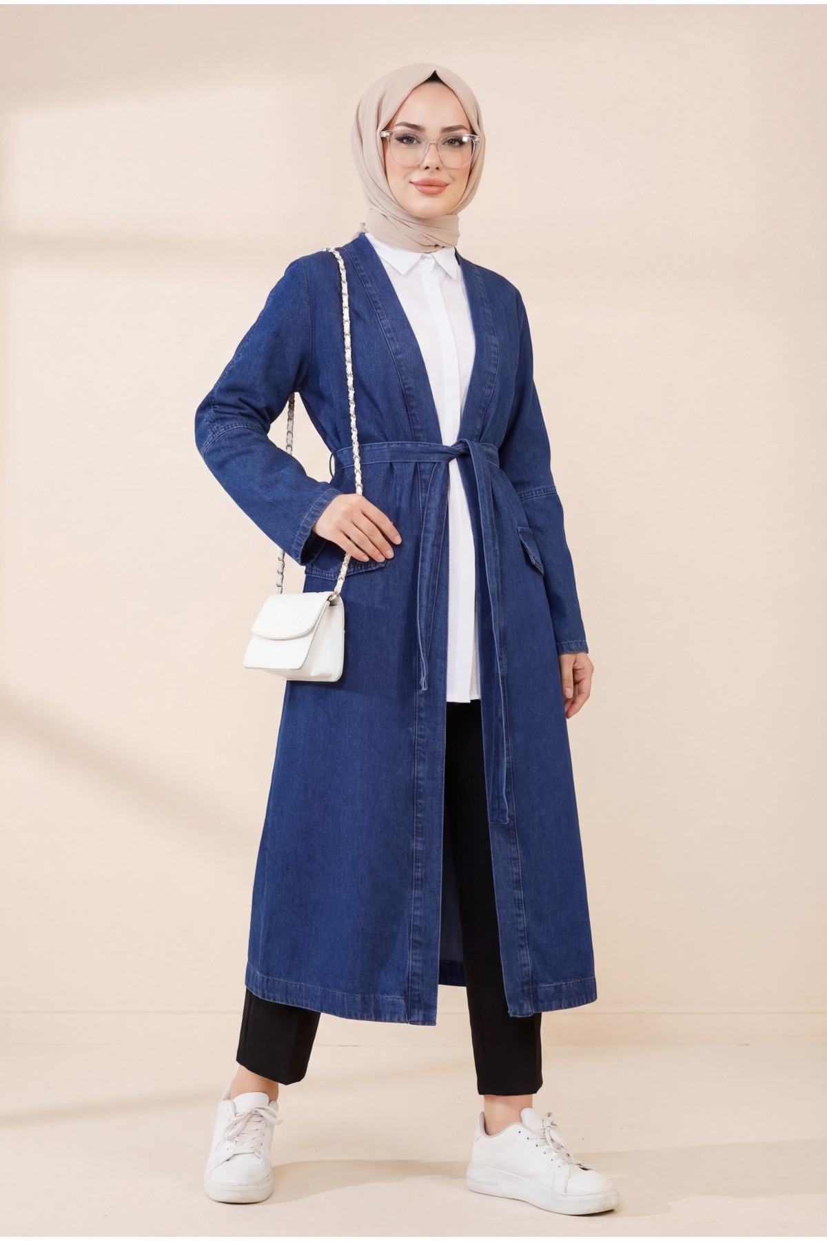 Belted Denim Coat with Pocket Detail -İndigo