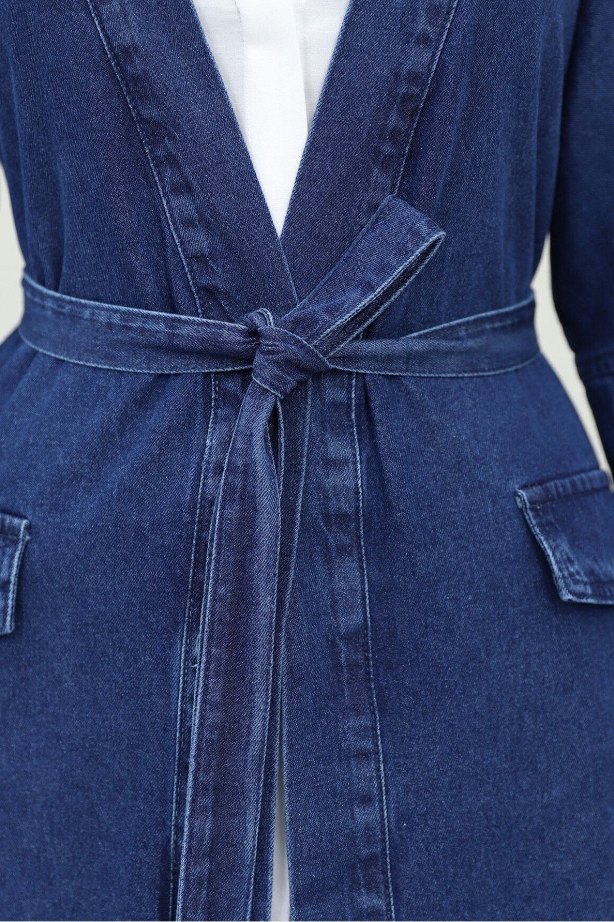 Belted Denim Coat with Pocket Detail -İndigo