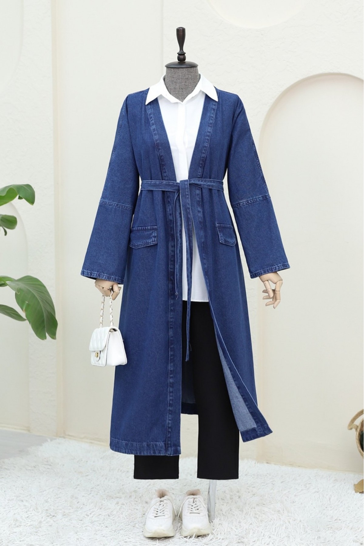 Belted Denim Coat with Pocket Detail -İndigo