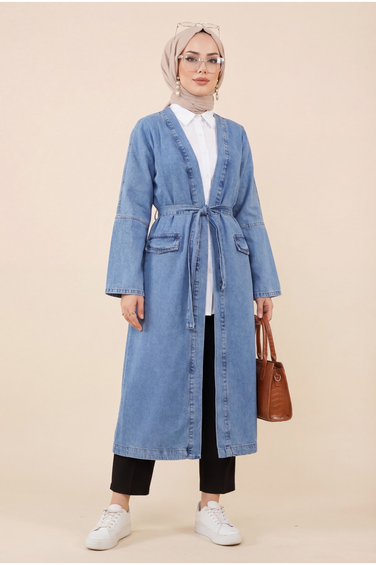 Belted Denim Coat with Pocket Detail -Ice Blue