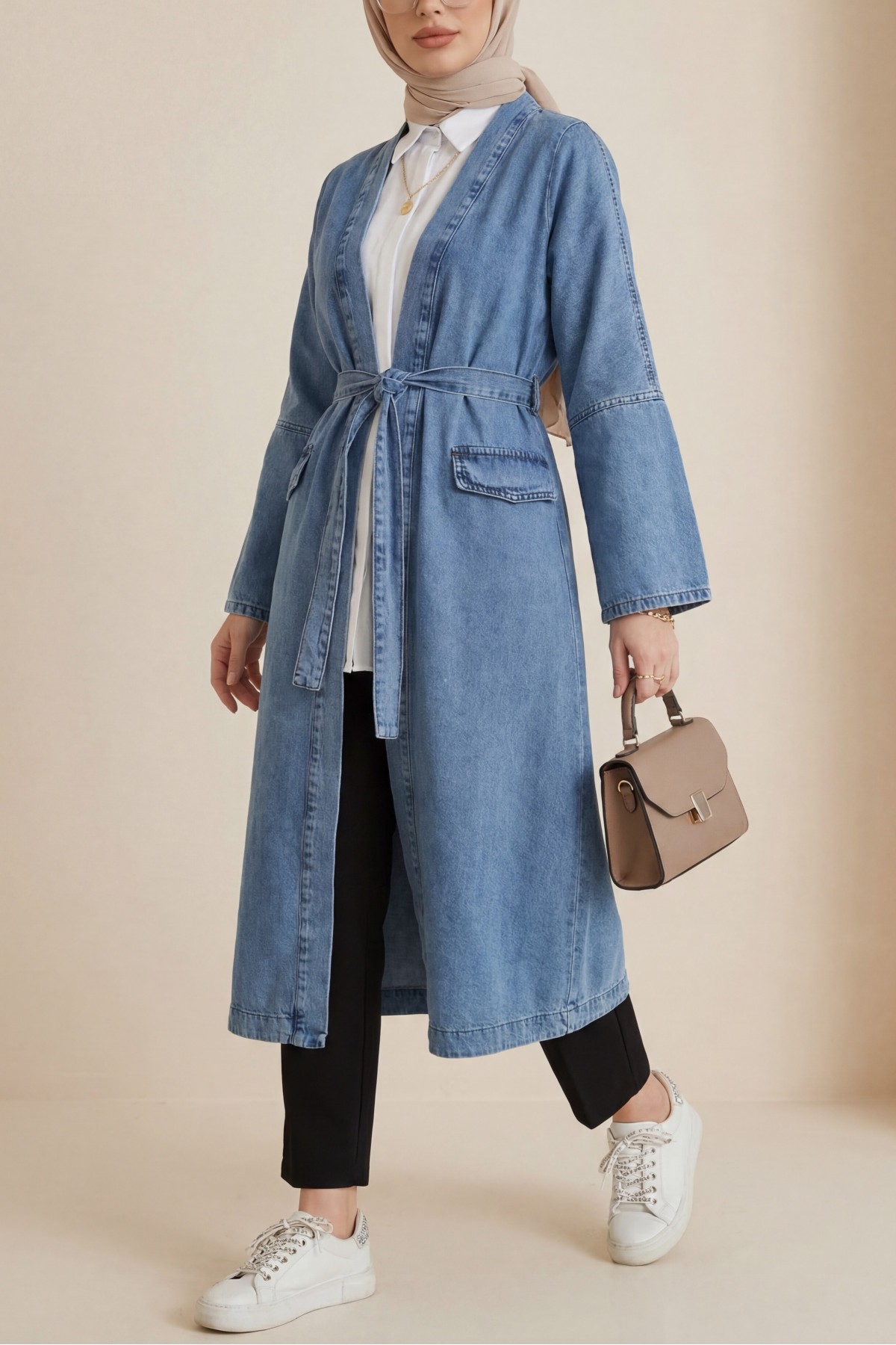 Belted Denim Coat with Pocket Detail -Ice Blue