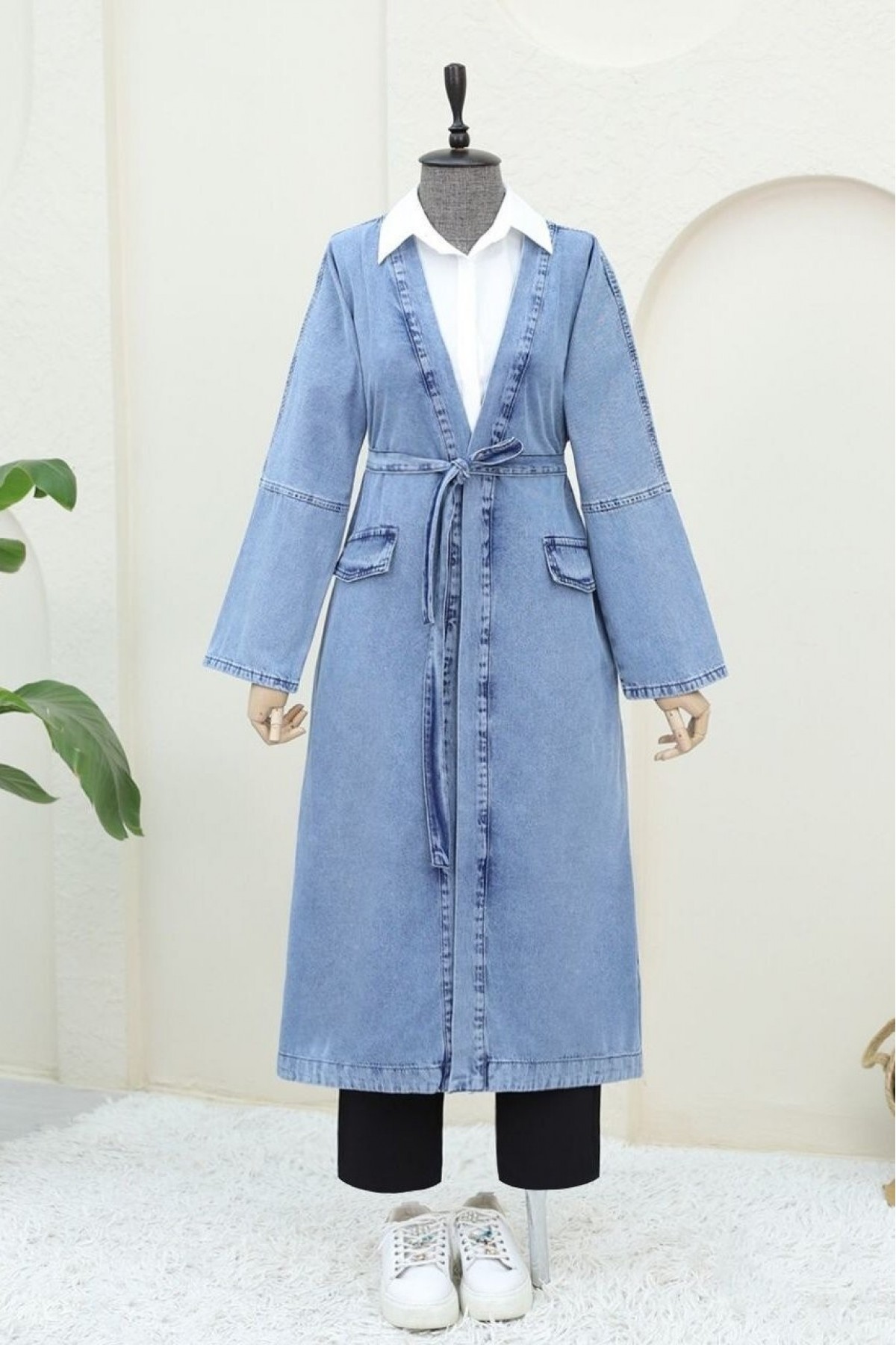 Belted Denim Coat with Pocket Detail -Ice Blue