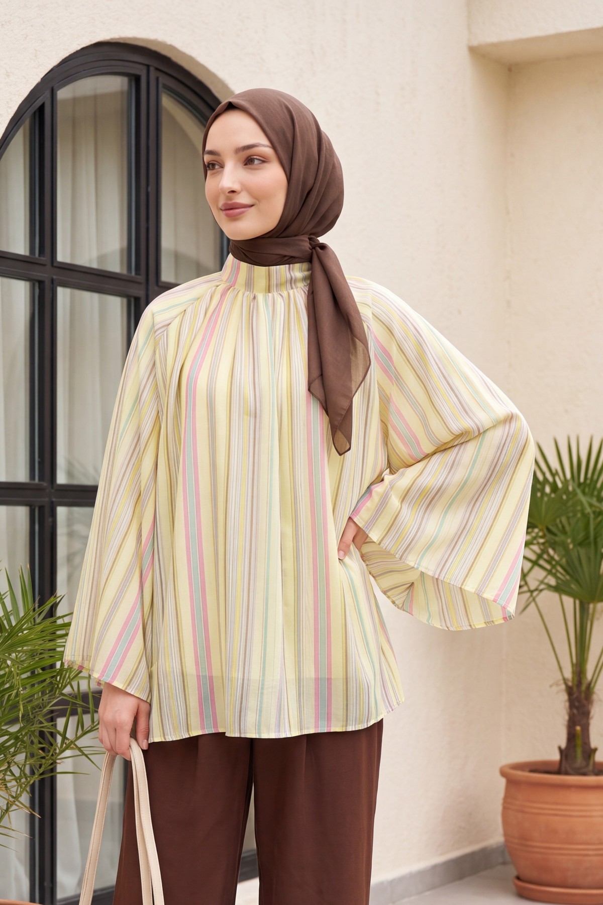 Stand Collar Striped Lined Oversize Thin Voile Tunic -Yellow