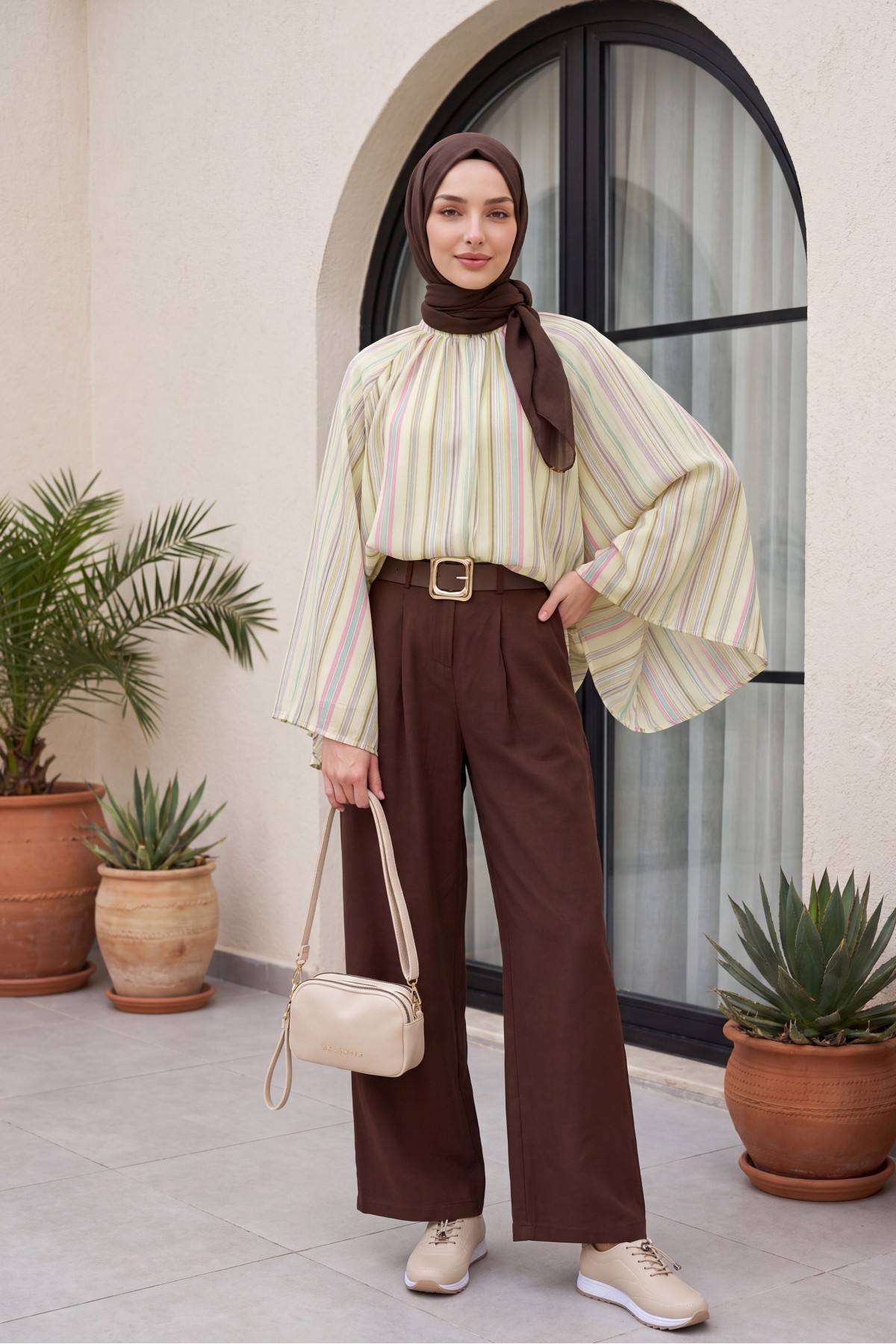 Stand Collar Striped Lined Oversize Thin Voile Tunic -Yellow