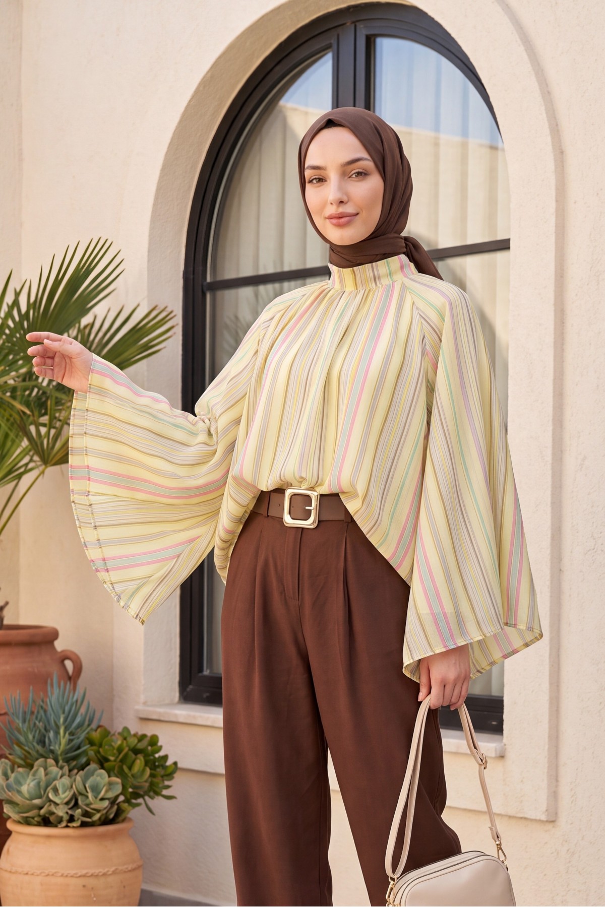 Stand Collar Striped Lined Oversize Thin Voile Tunic -Yellow