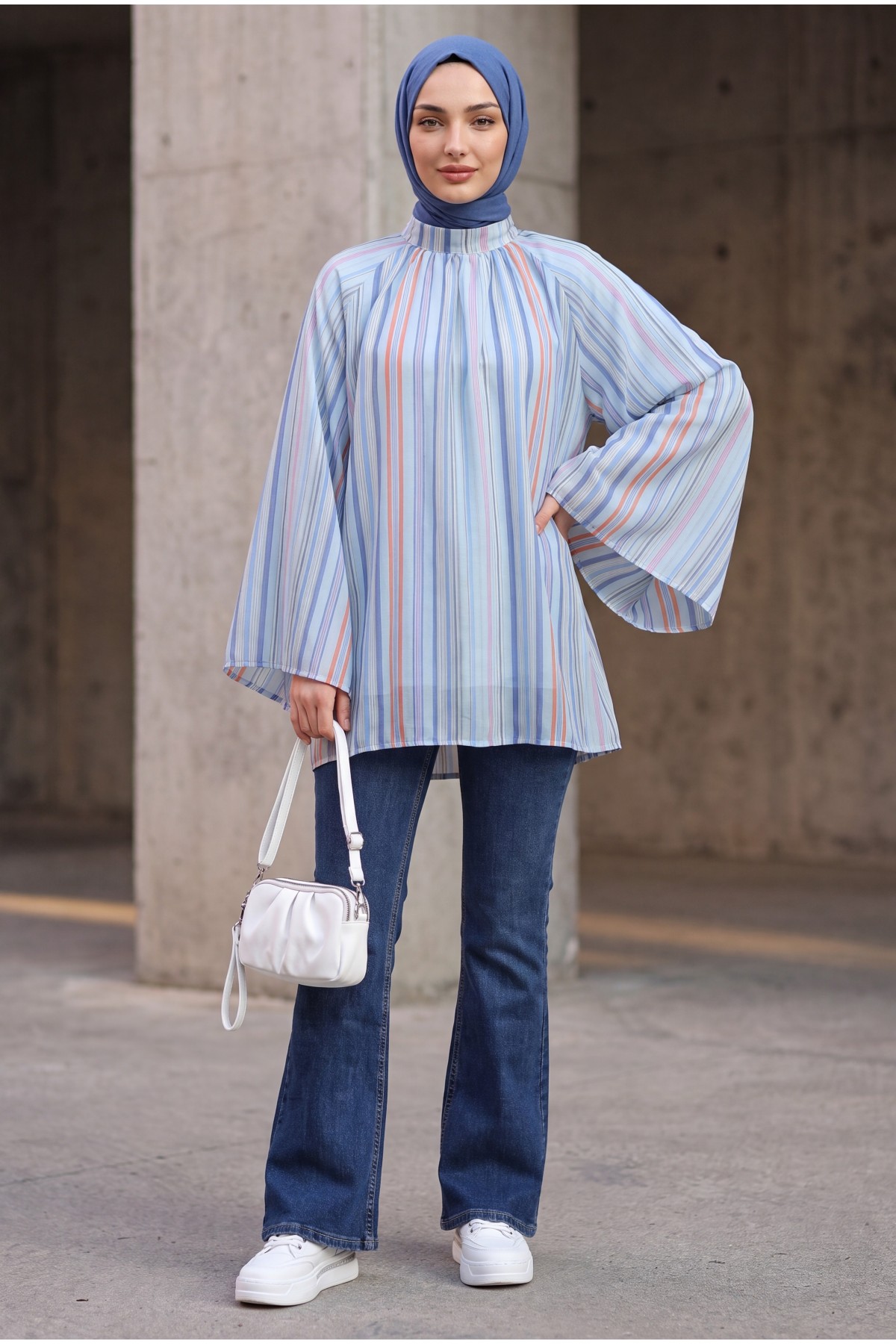 Stand Collar Striped Lined Oversize Thin Voile Tunic -أزرق فاتح