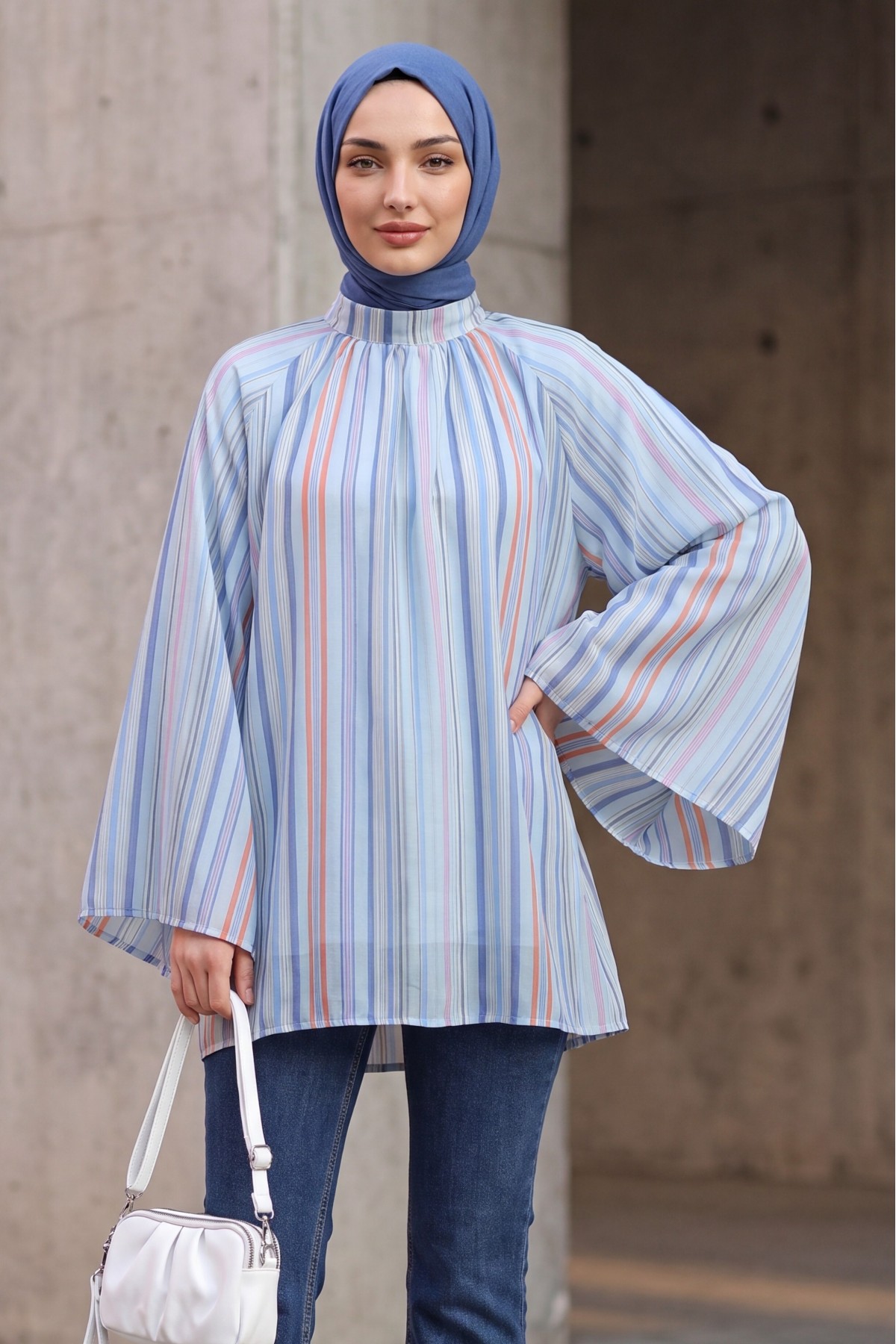 Stand Collar Striped Lined Oversize Thin Voile Tunic -أزرق فاتح