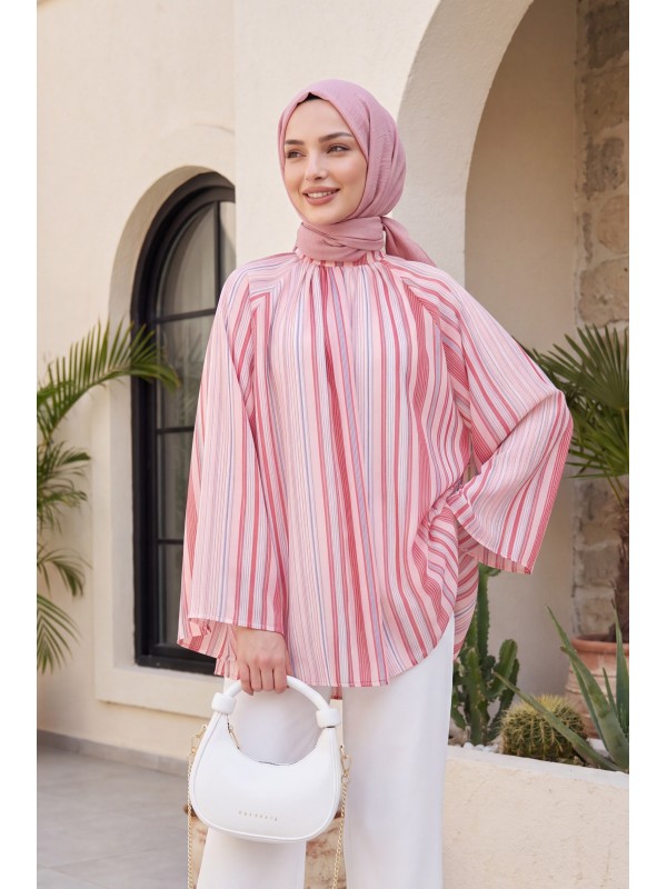 Stand Collar Striped Lined Oversize Thin Voile Tunic  -Dried rose