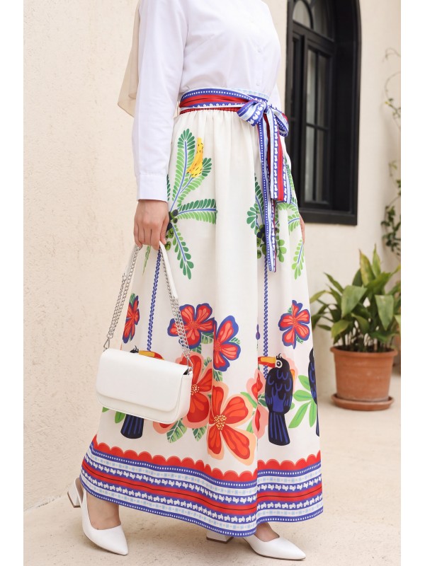 Belted Elasticated Tropical Pattern Skirt -Ecru