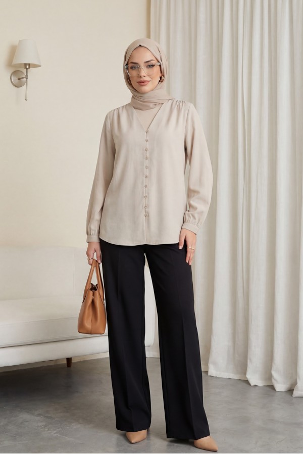 V Yaka Düğmeli Arkası Uzun Gömlek   -Krem