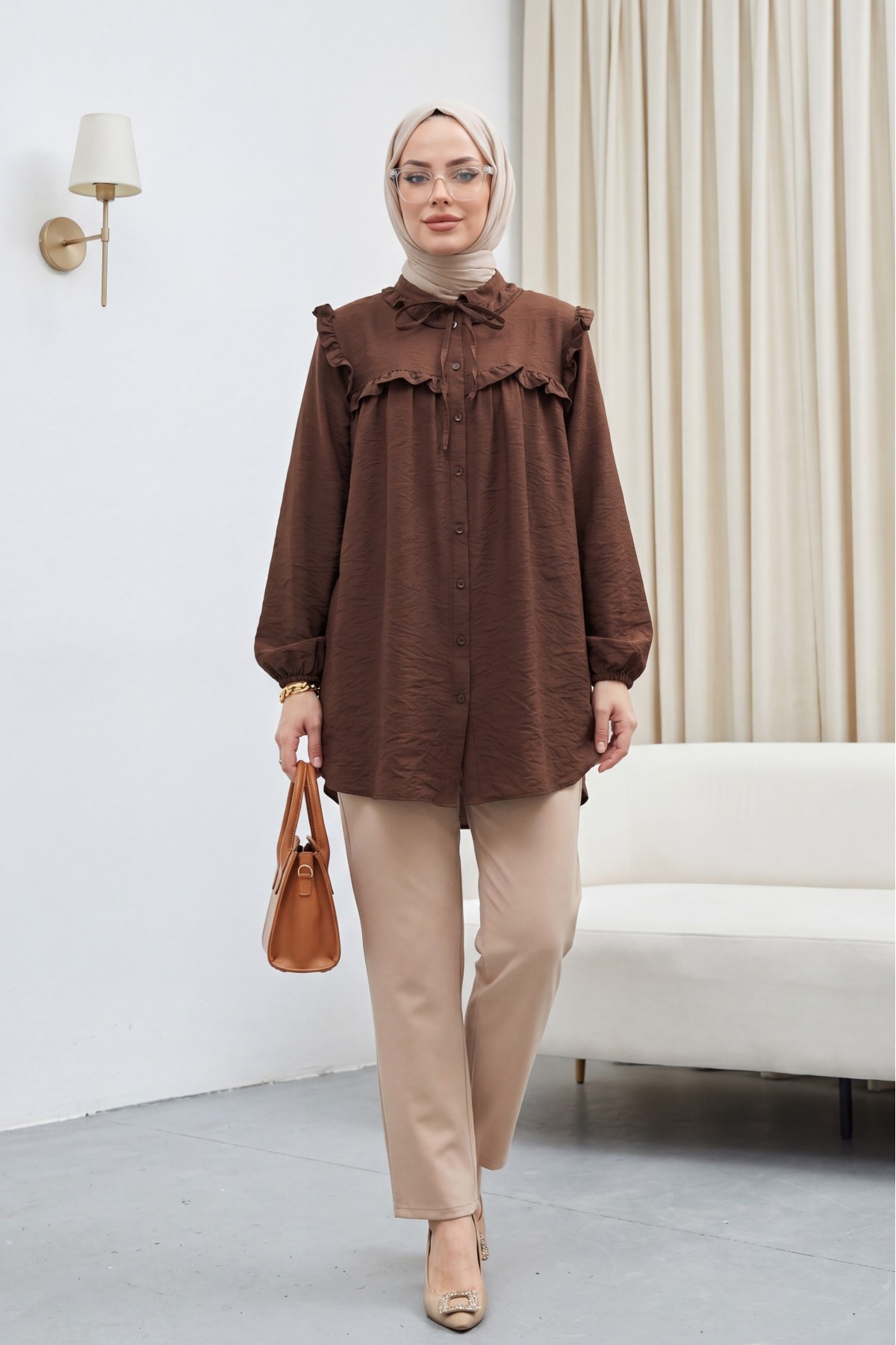 Cupra Shirt with Tie Collar, Elasticated Sleeves and Ruffles -Brown