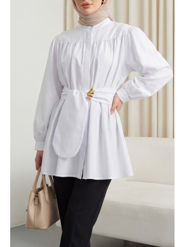 Gizli Düğmeli Kuşaklı Poplin Tunik -Beyaz