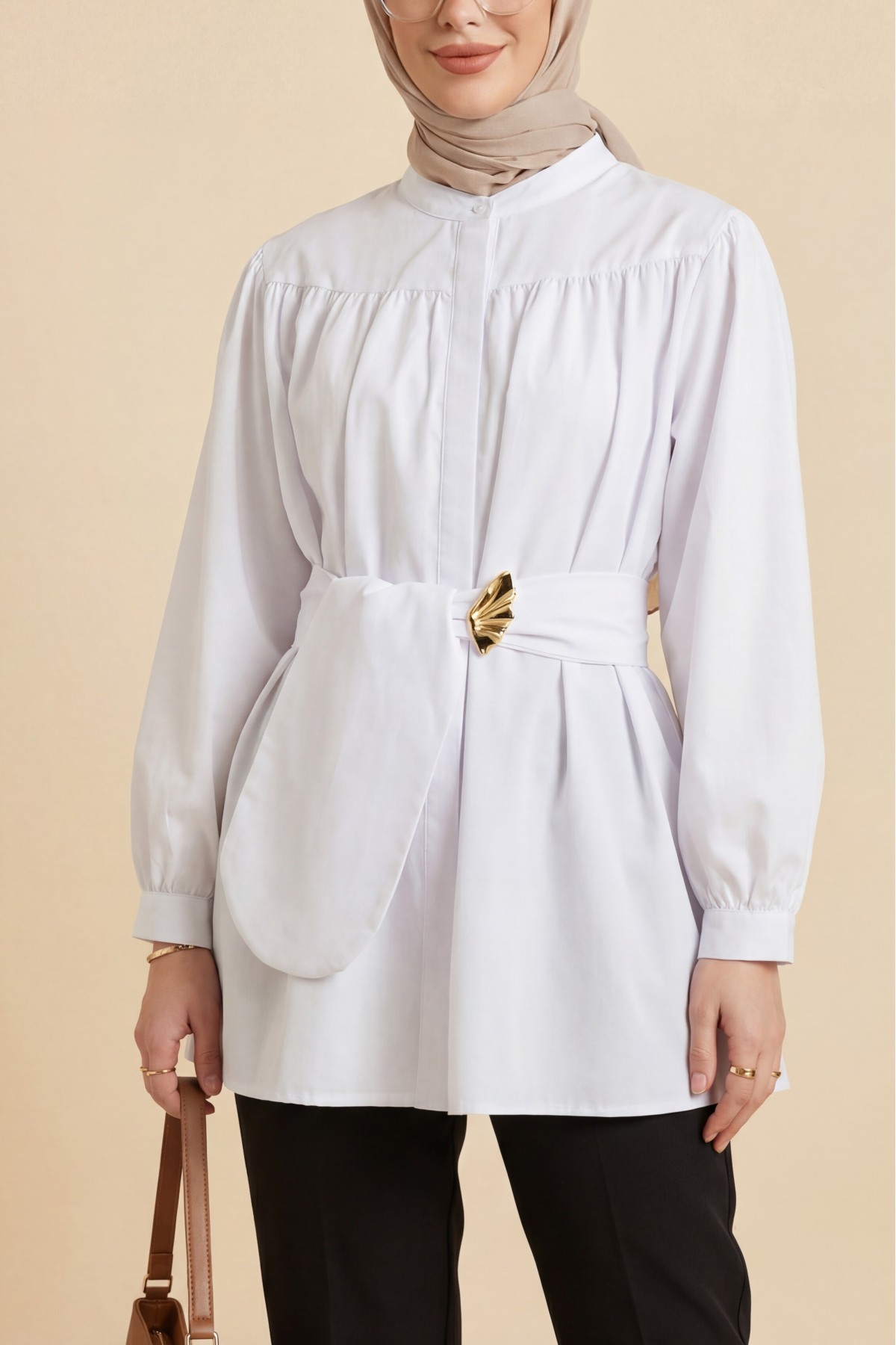 Gizli Düğmeli Kuşaklı Poplin Tunik -Beyaz