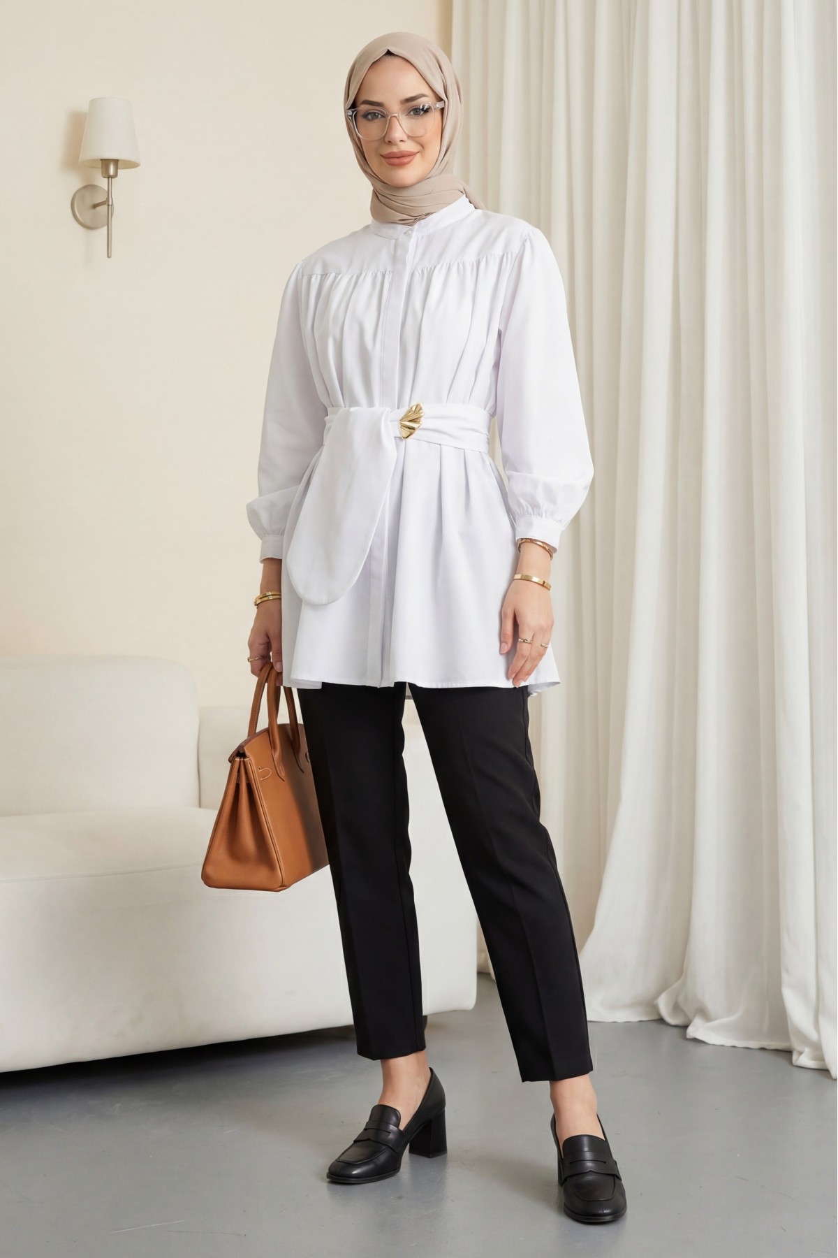 Gizli Düğmeli Kuşaklı Poplin Tunik -Beyaz