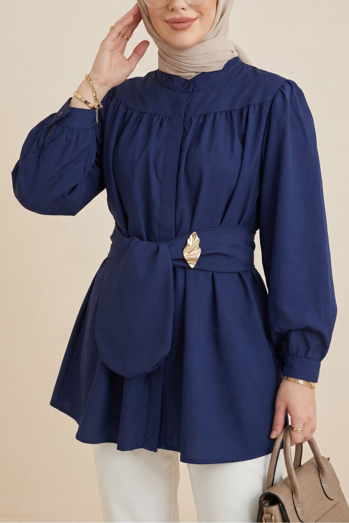 Gizli Düğmeli Kuşaklı Poplin Tunik -Laci