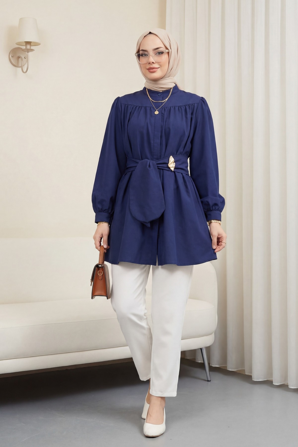 Gizli Düğmeli Kuşaklı Poplin Tunik -Laci