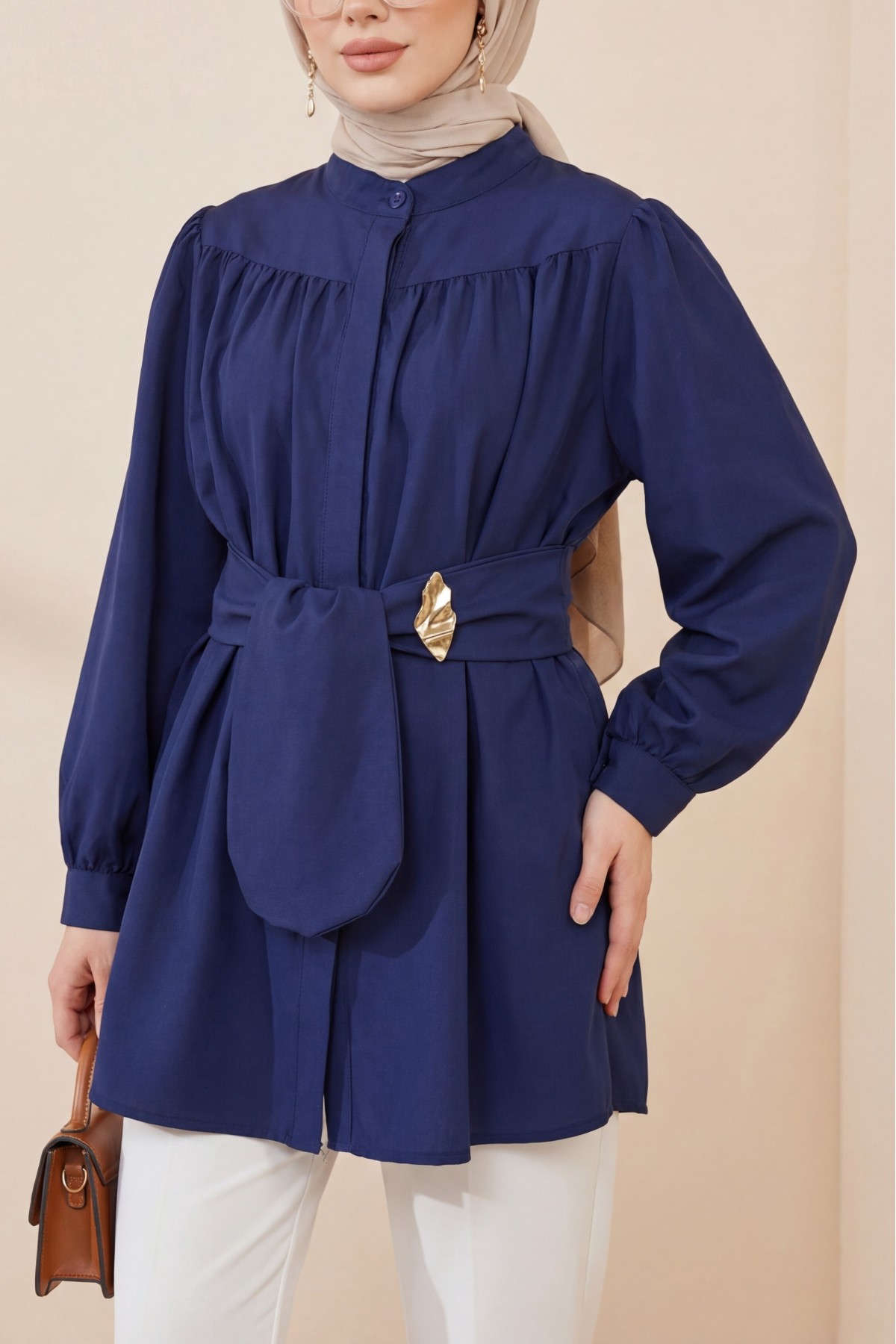 Gizli Düğmeli Kuşaklı Poplin Tunik -Laci