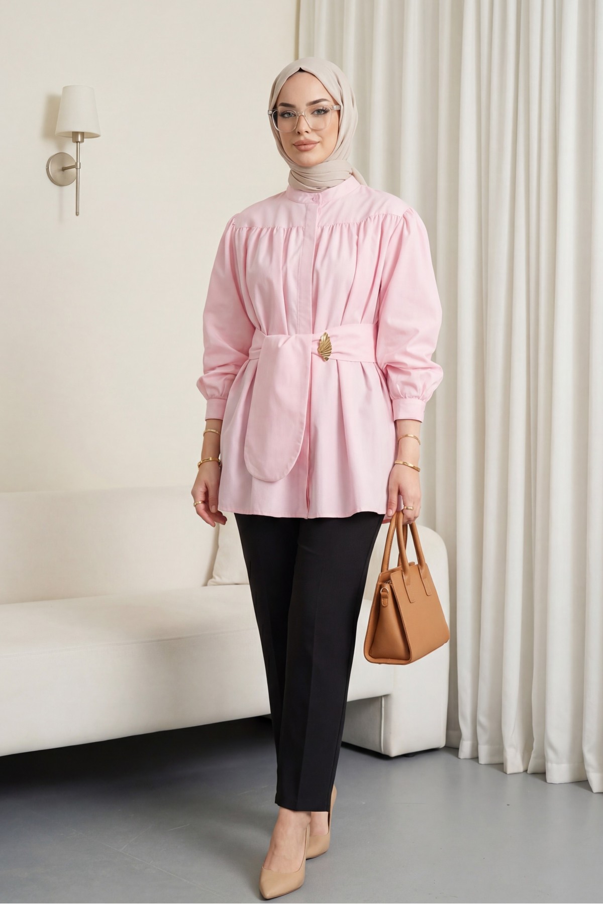 Gizli Düğmeli Kuşaklı Poplin Tunik -Pembe