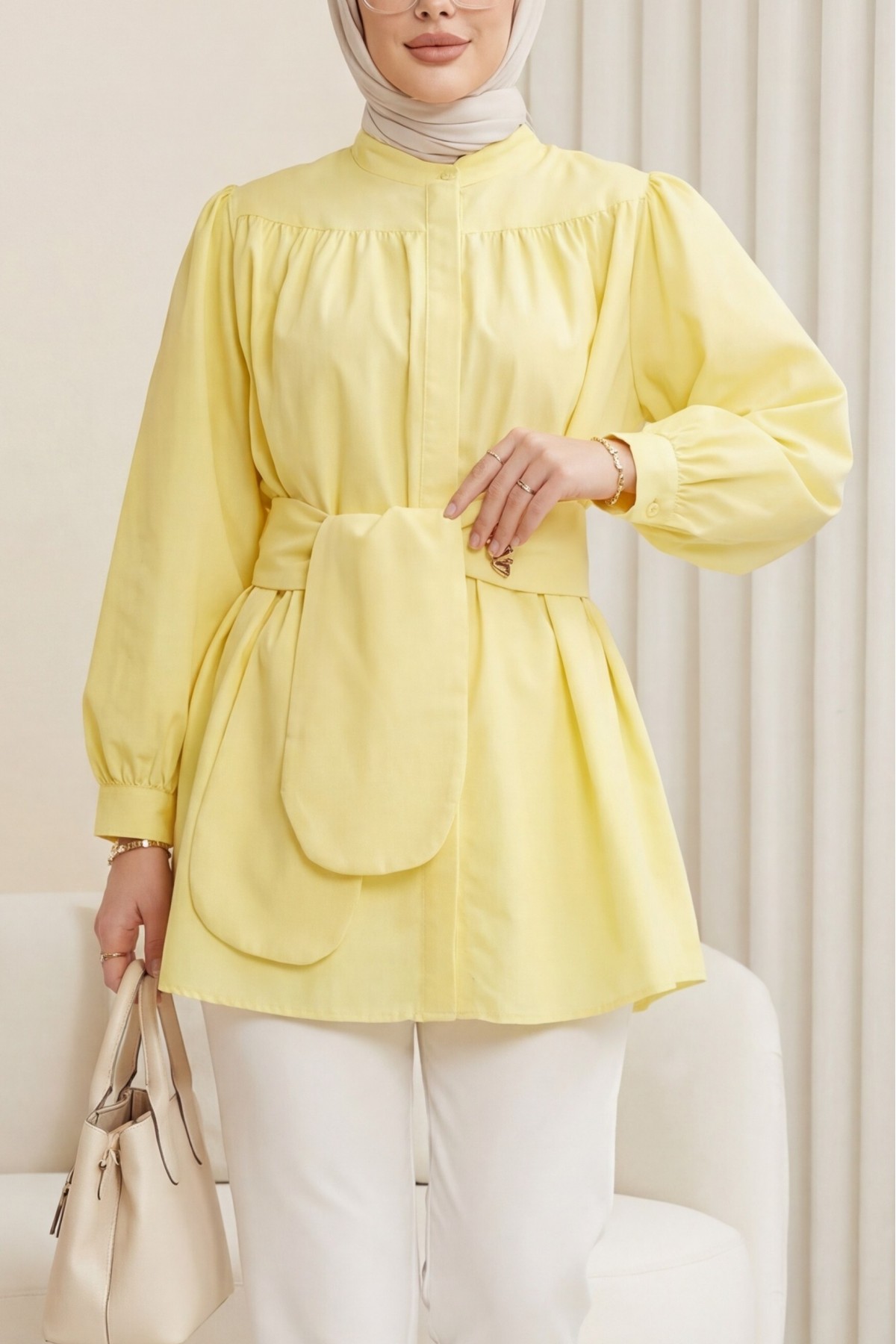 Gizli Düğmeli Kuşaklı Poplin Tunik -Sarı
