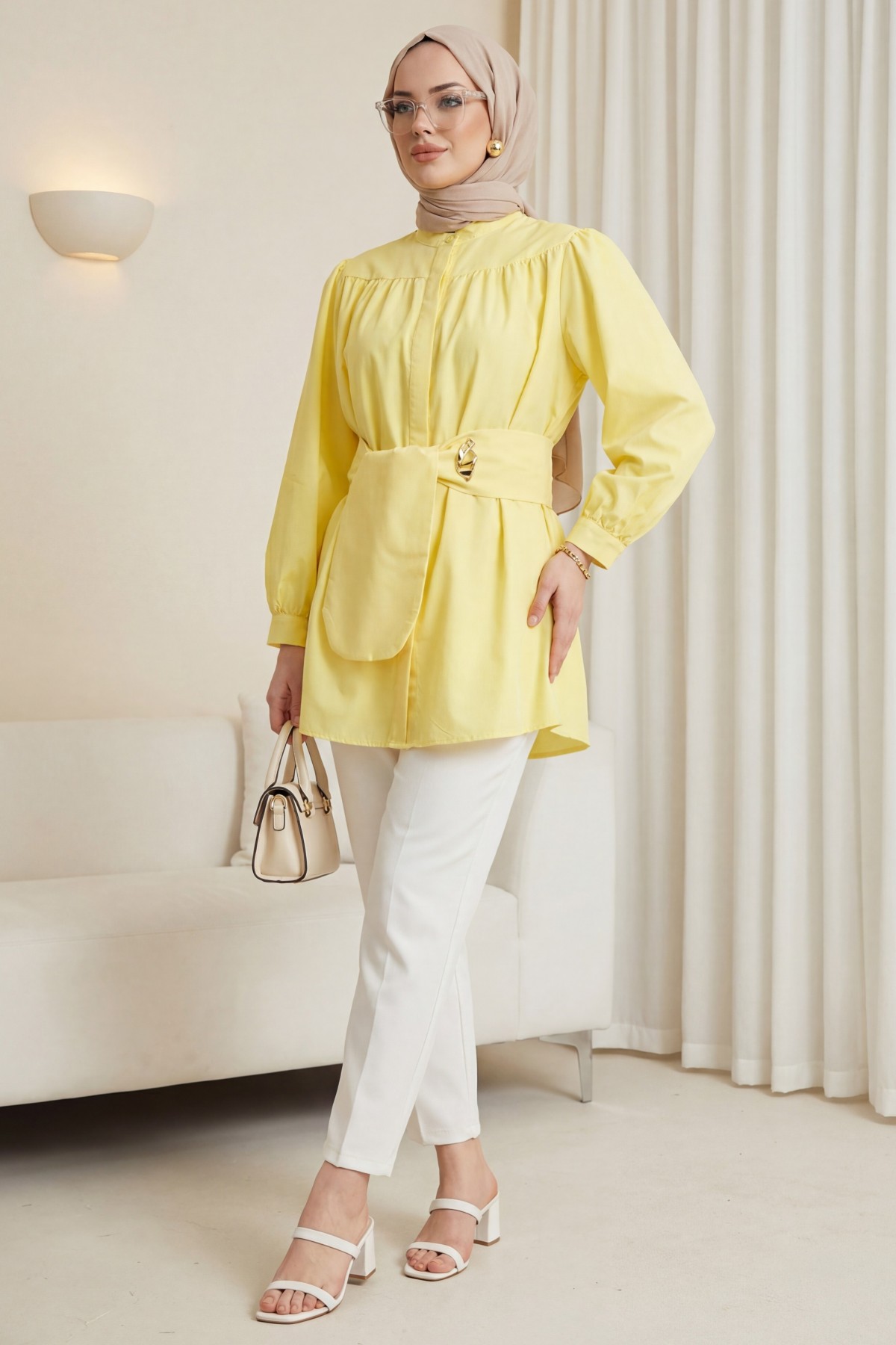 Gizli Düğmeli Kuşaklı Poplin Tunik -Sarı