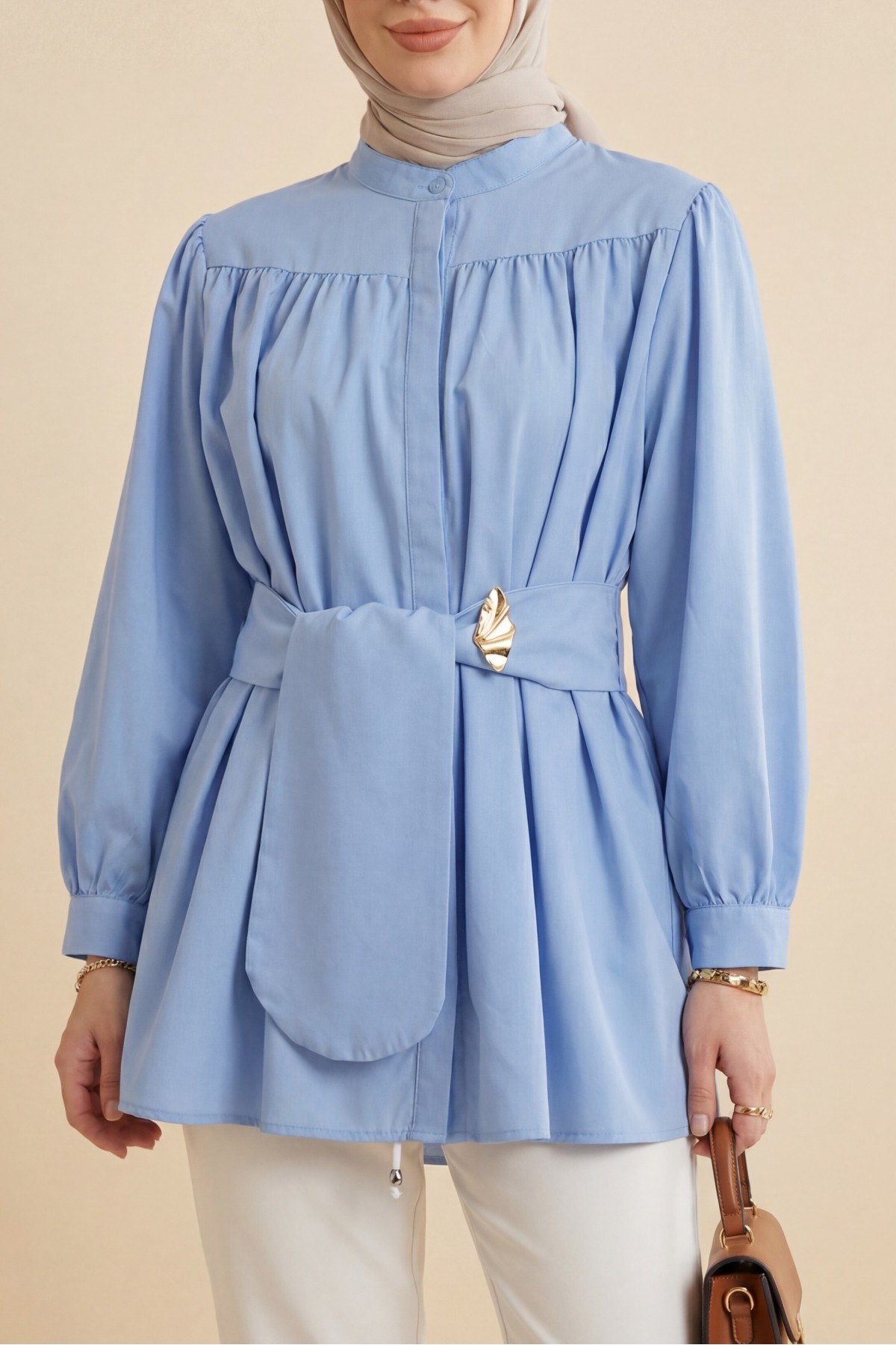 Gizli Düğmeli Kuşaklı Poplin Tunik -Bebe Mavi