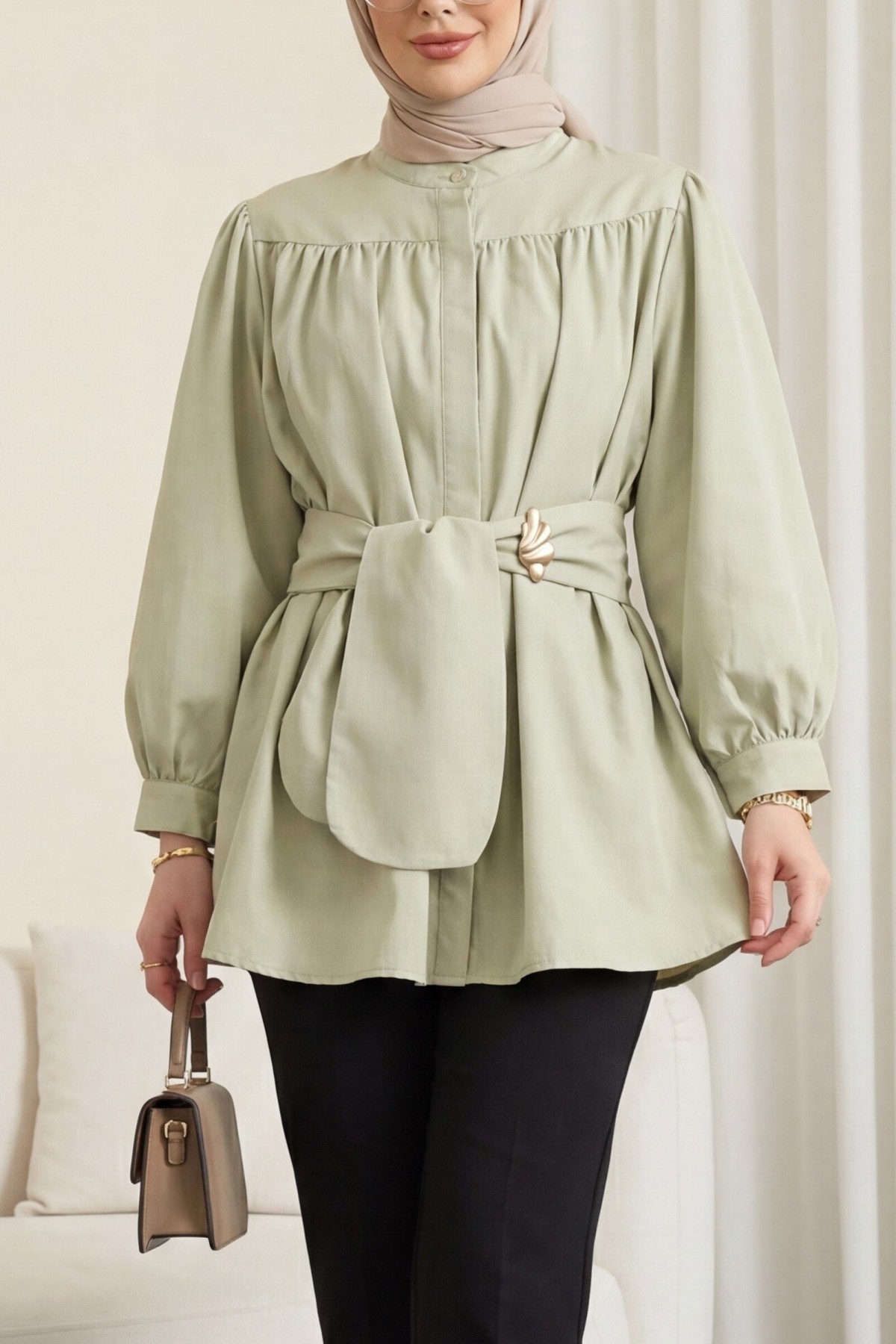 Gizli Düğmeli Kuşaklı Poplin Tunik -Çağla Y.