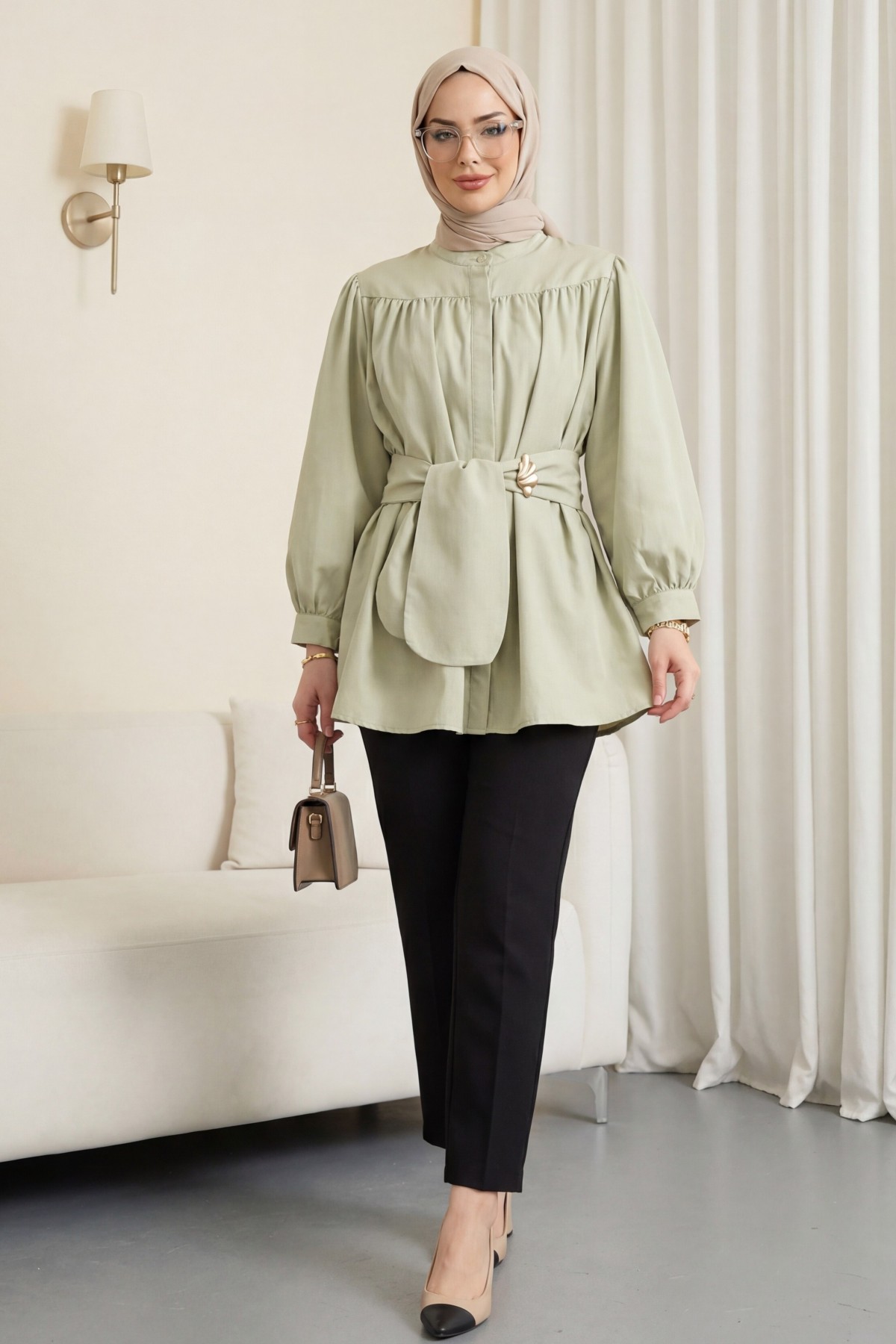 Gizli Düğmeli Kuşaklı Poplin Tunik -Çağla Y.