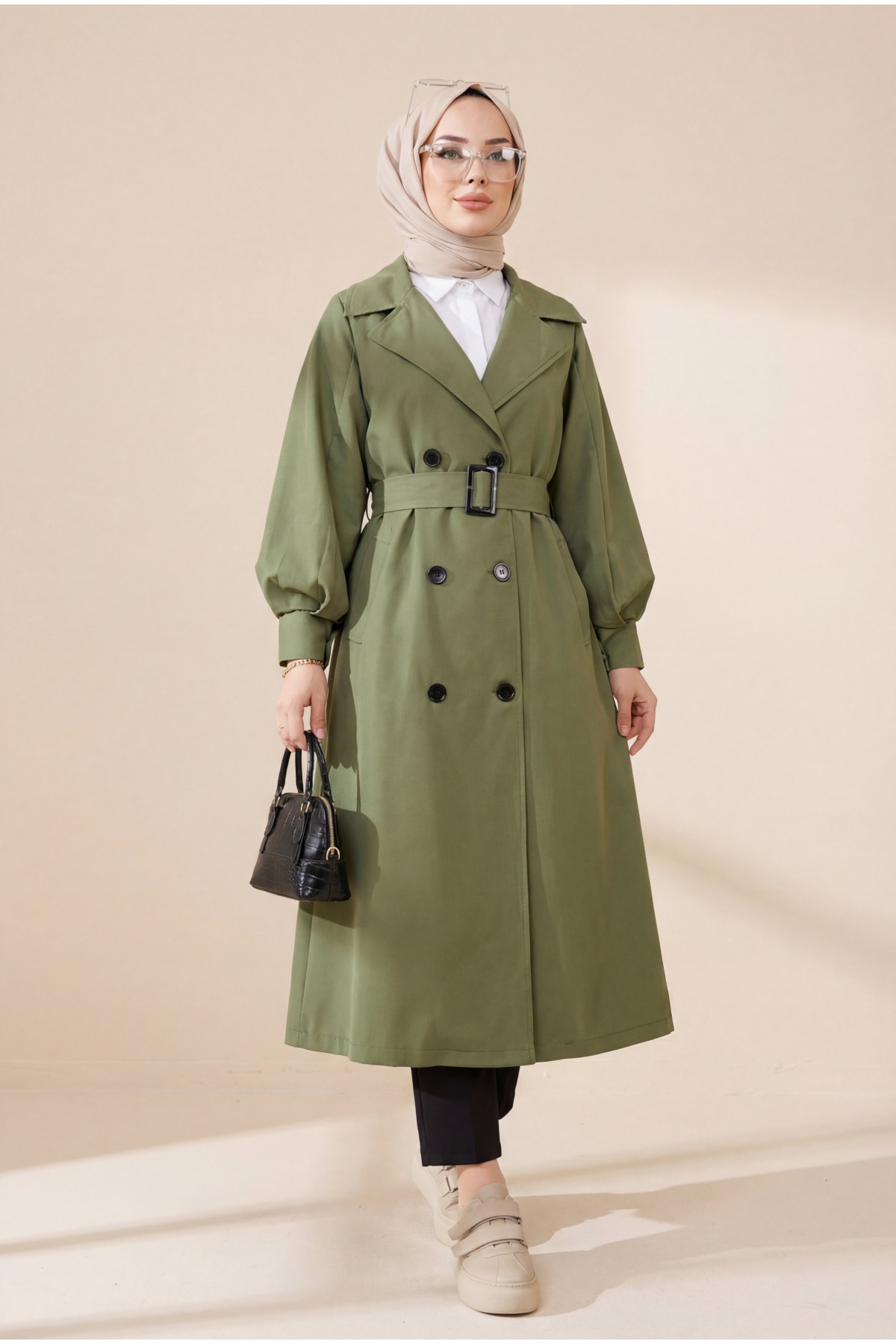 Balloon Sleeve Buckle Belt Side Pocket Trench Coat    -Khaki