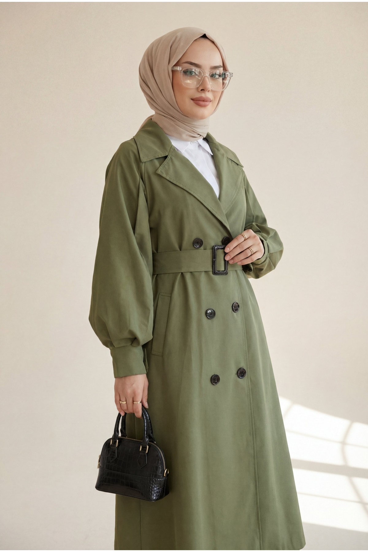 Balloon Sleeve Buckle Belt Side Pocket Trench Coat    -Khaki