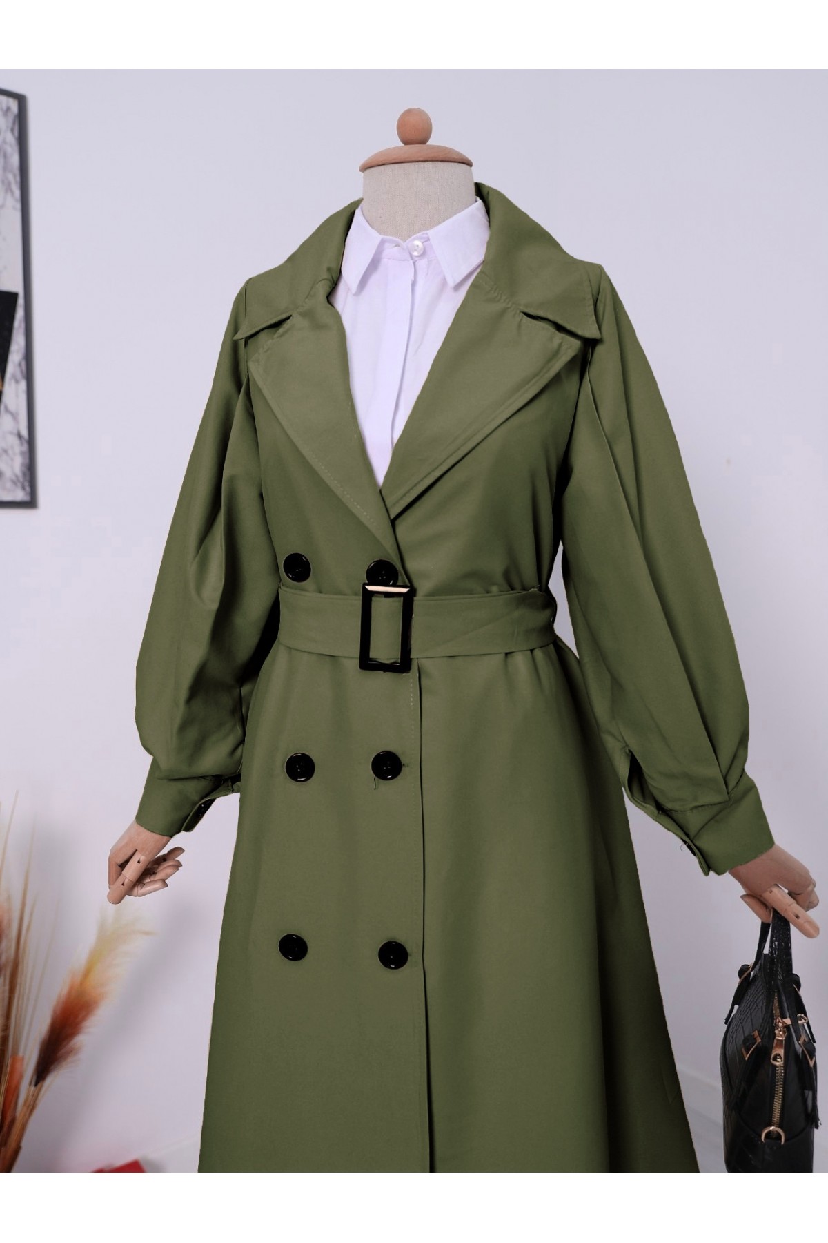 Balloon Sleeve Buckle Belt Side Pocket Trench Coat    -Khaki