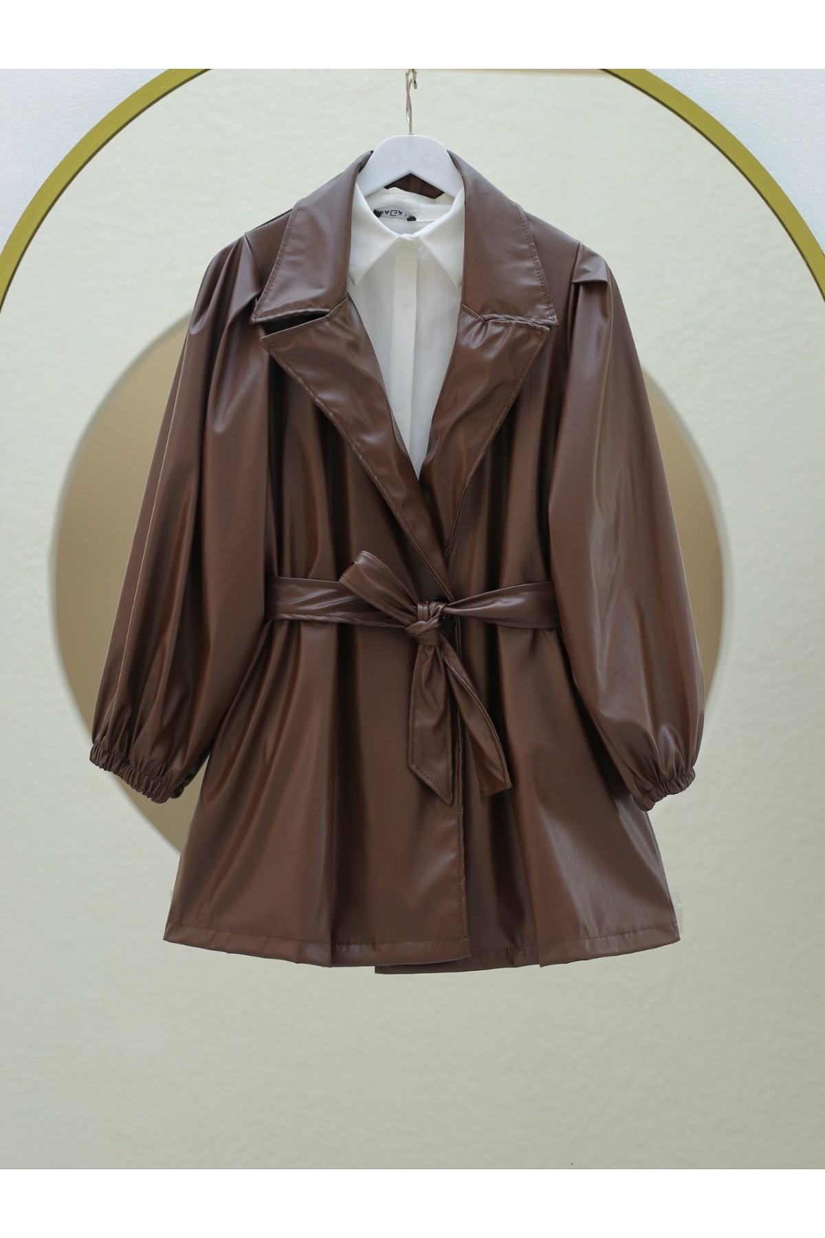 Double Pocket Buttoned Elastic Sleeve Leather Coat -Brown