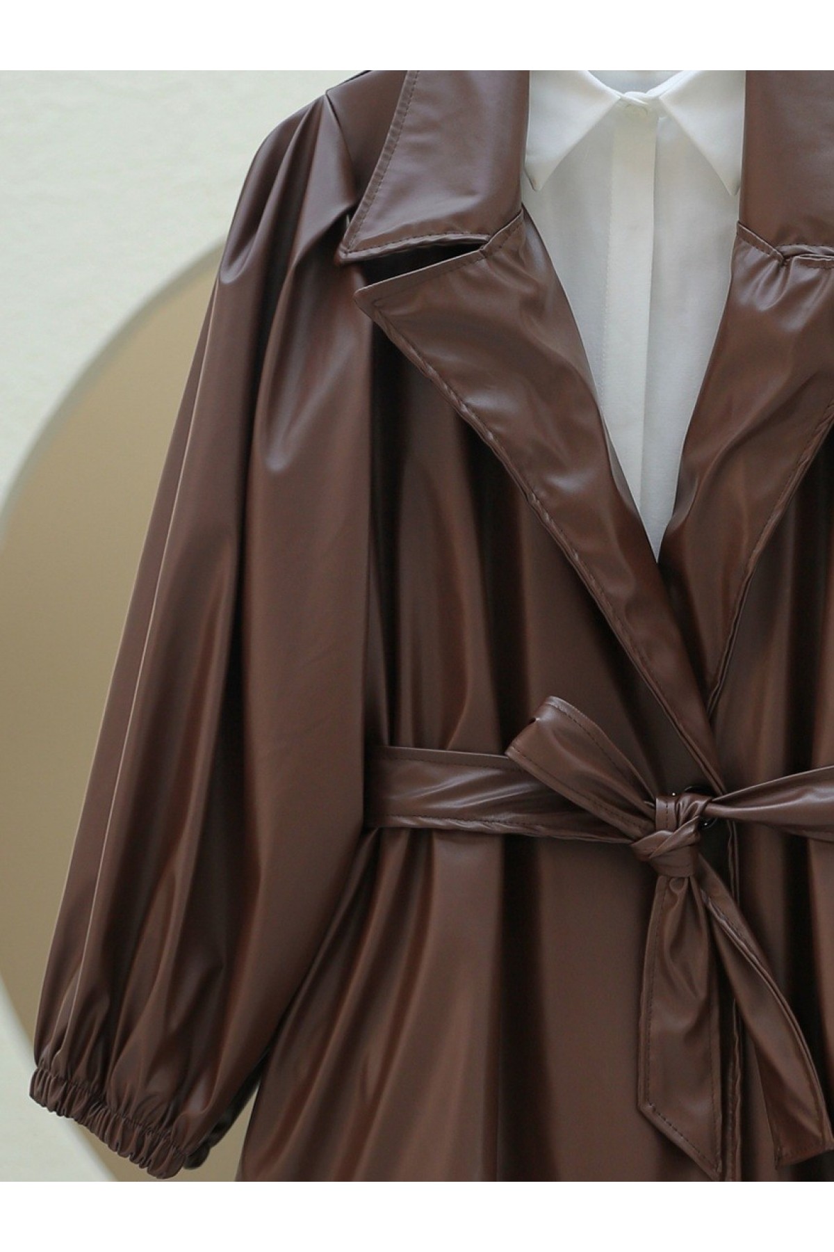 Double Pocket Buttoned Elastic Sleeve Leather Coat -Brown