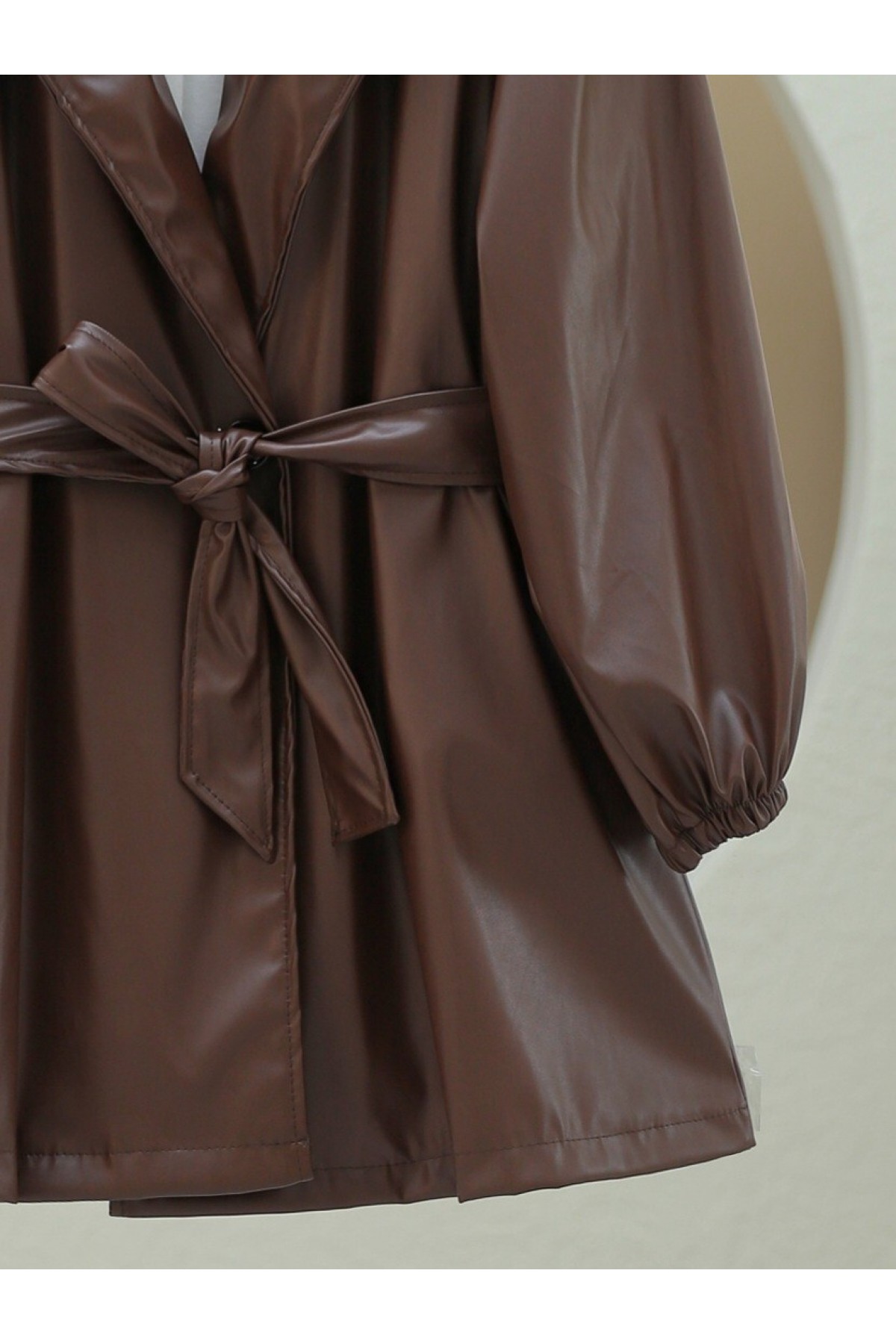 Double Pocket Buttoned Elastic Sleeve Leather Coat -Brown