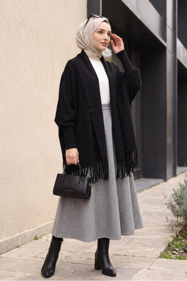 Knit Poncho with Tassel-Trimmed Sleeve Cuffs -Black