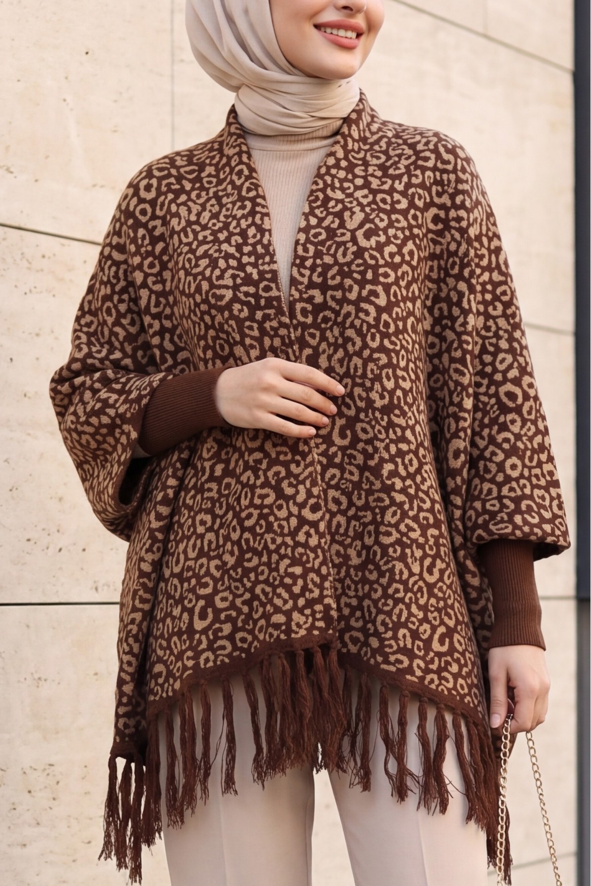 Knit Poncho with Tassel  -Leopard