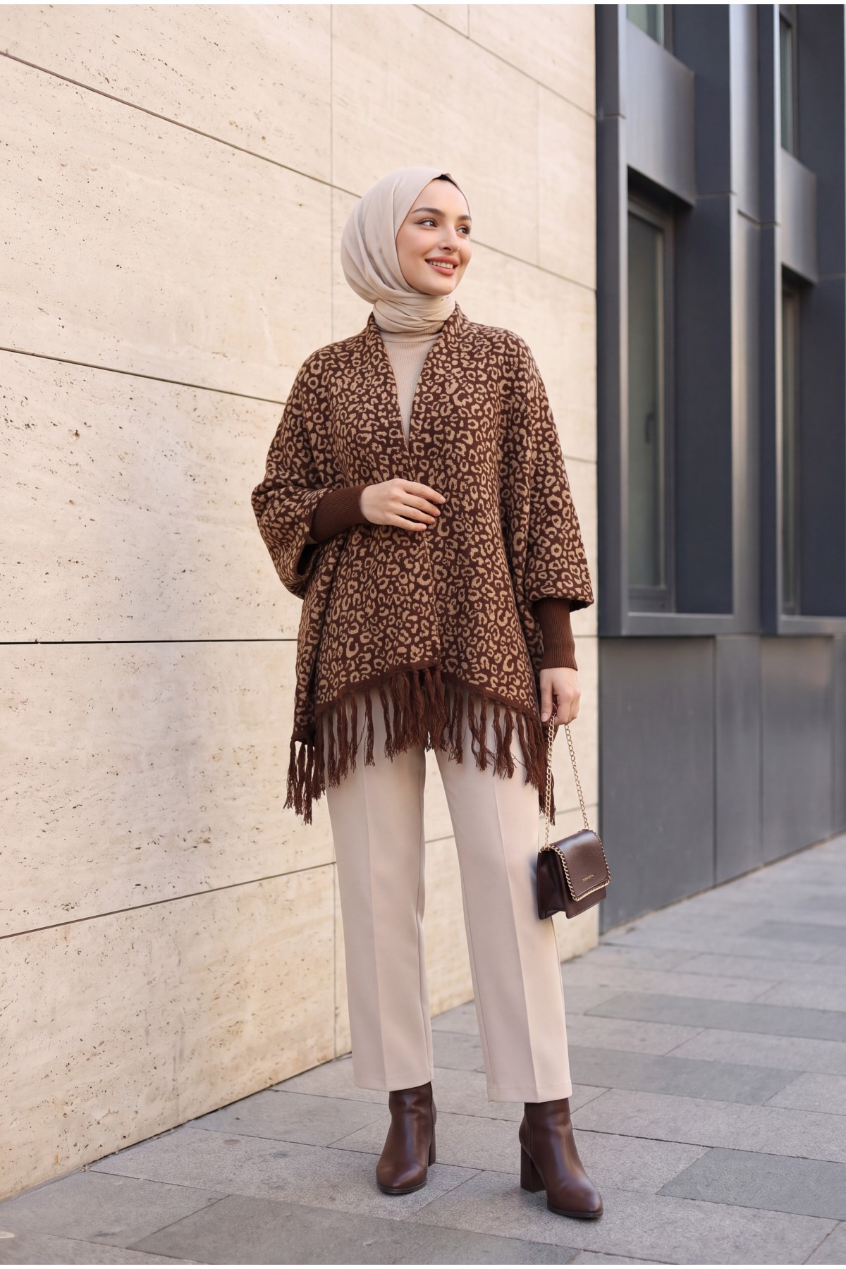 Knit Poncho with Tassel  -Leopard