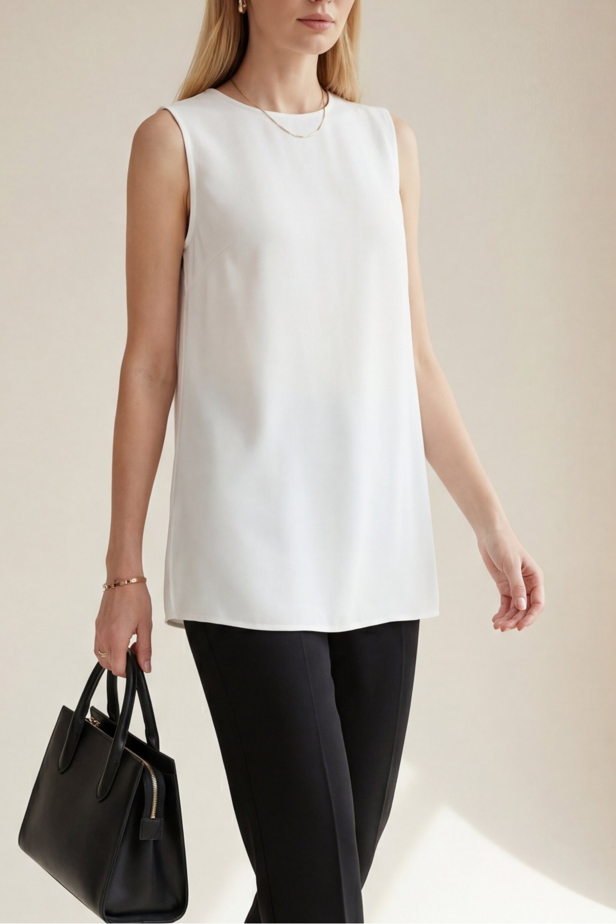 Sleeveless Cotton Undershirt with Chiffon Detail at the Front -Ecru