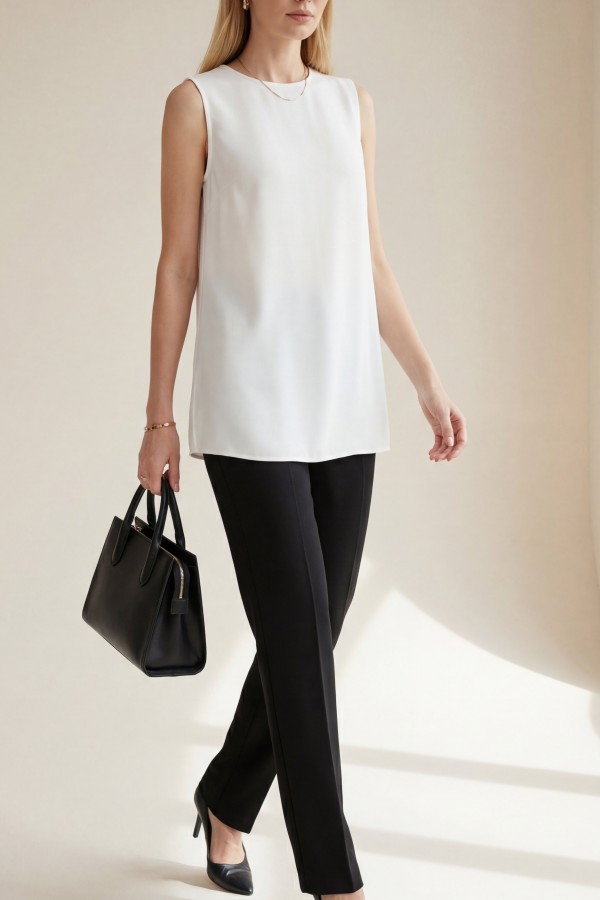 Sleeveless Cotton Undershirt with Chiffon Detail at the Front -Ecru