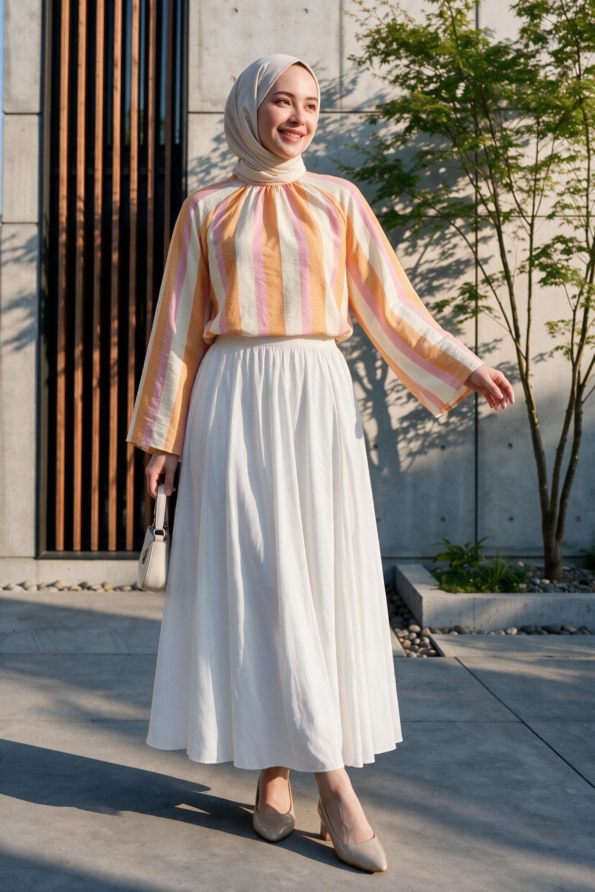 Loose-fitting blouse with thick stripes and Spanish-style sleeves, tie-neckline at the back. -Orange