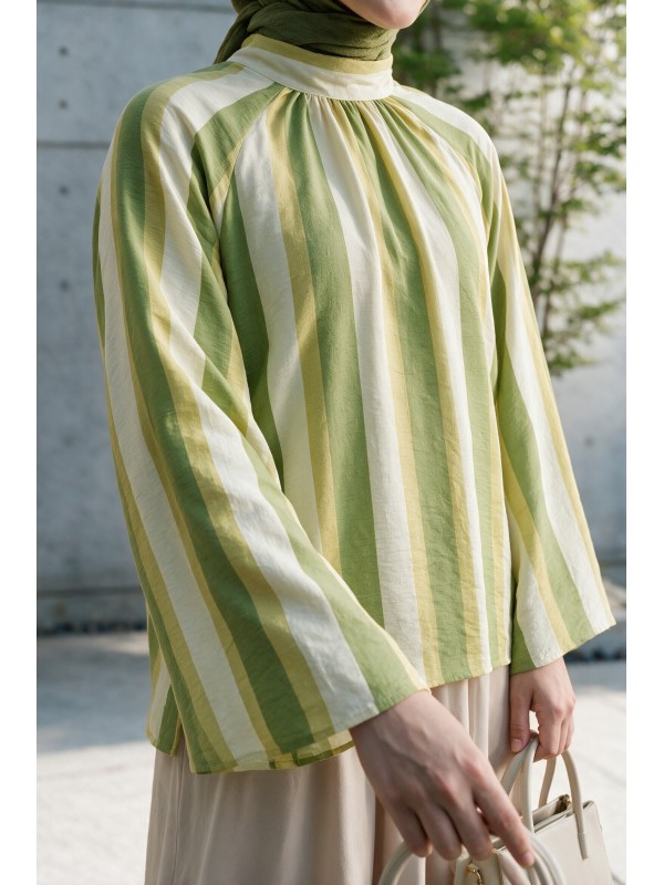 Blouse with Back Tie Neckline, Spanish Sleeves, and Thick Stripes -Oil Green