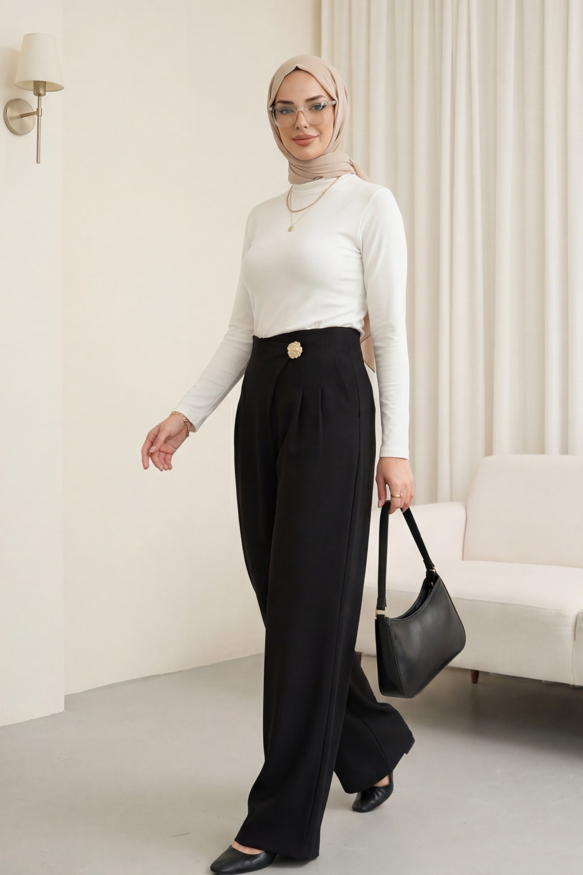 Wide-leg crepe trousers with side zipper, brooch, and folding detail. -Black