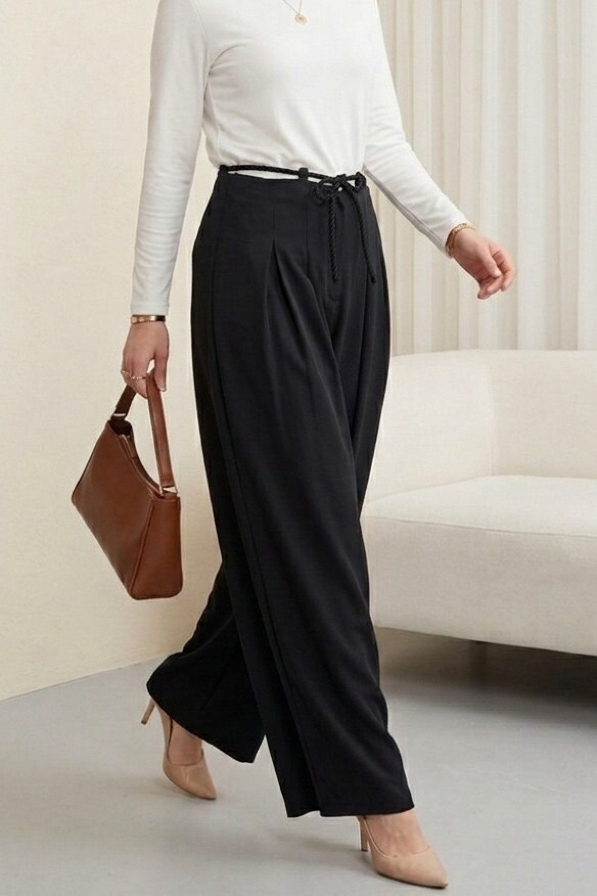 Imported Crepe Pants with Drawstring Waist and Wide Legs  -Black