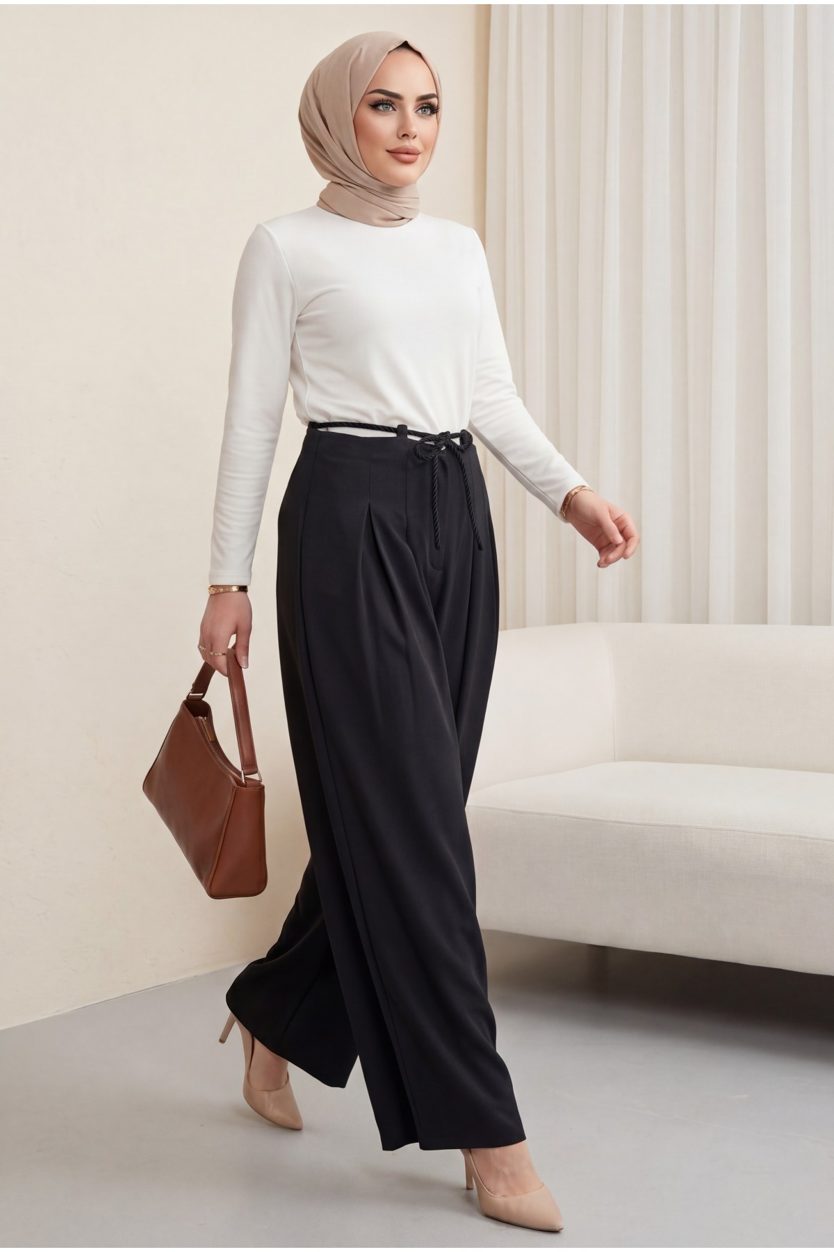 Imported Crepe Pants with Drawstring Waist and Wide Legs  -Black