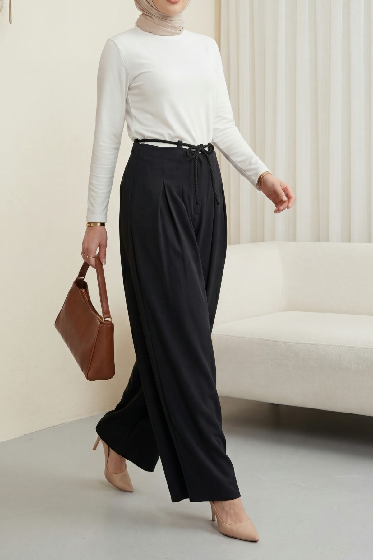 Imported Crepe Pants with Drawstring Waist and Wide Legs  -Black