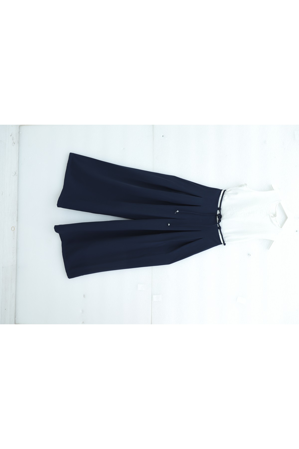 Imported Crepe Pants with Drawstring Waist and Wide Legs -Navy blue