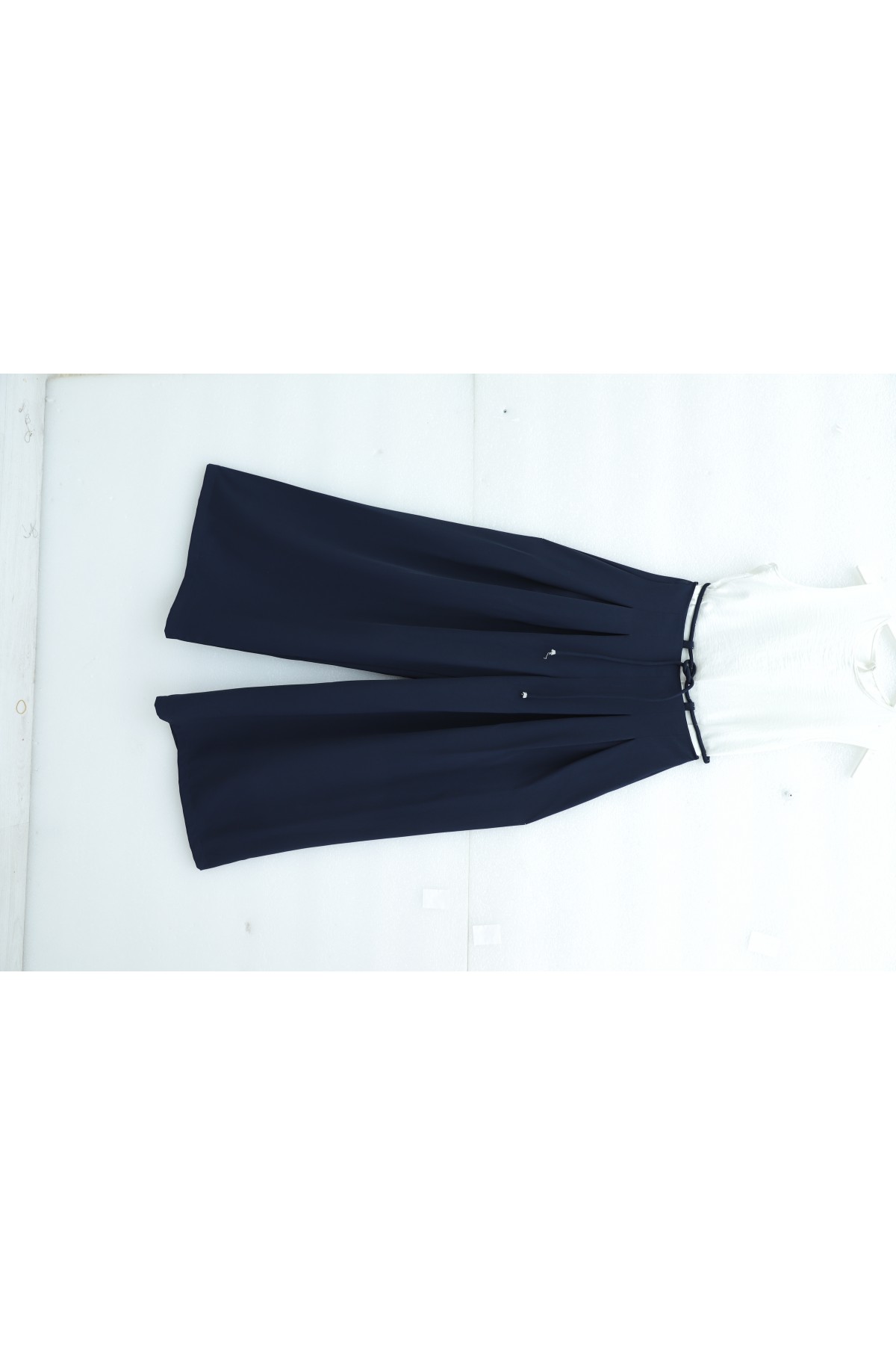 Imported Crepe Pants with Drawstring Waist and Wide Legs -Navy blue