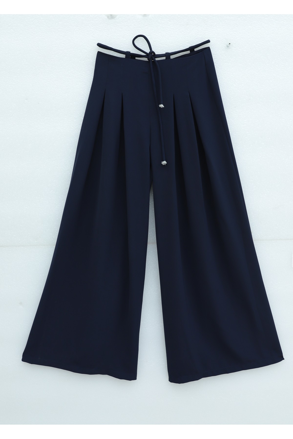 Imported Crepe Pants with Drawstring Waist and Wide Legs -Navy blue