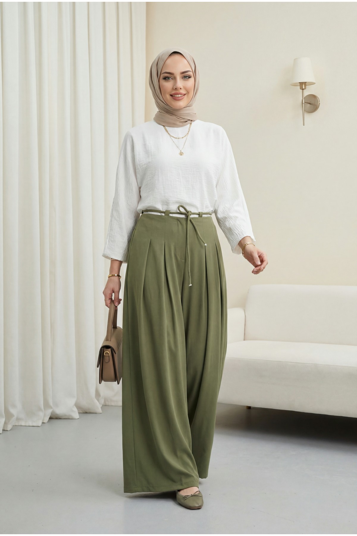Imported Crepe Pants with Drawstring Waist and Wide Legs -Khaki