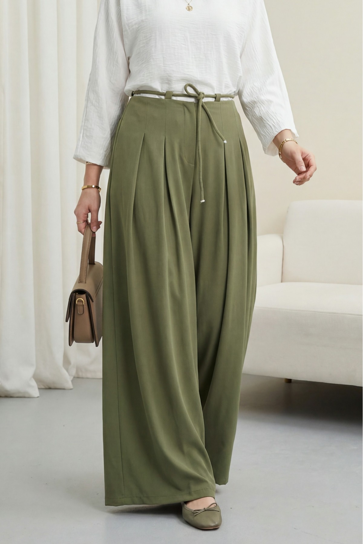 Imported Crepe Pants with Drawstring Waist and Wide Legs -Khaki