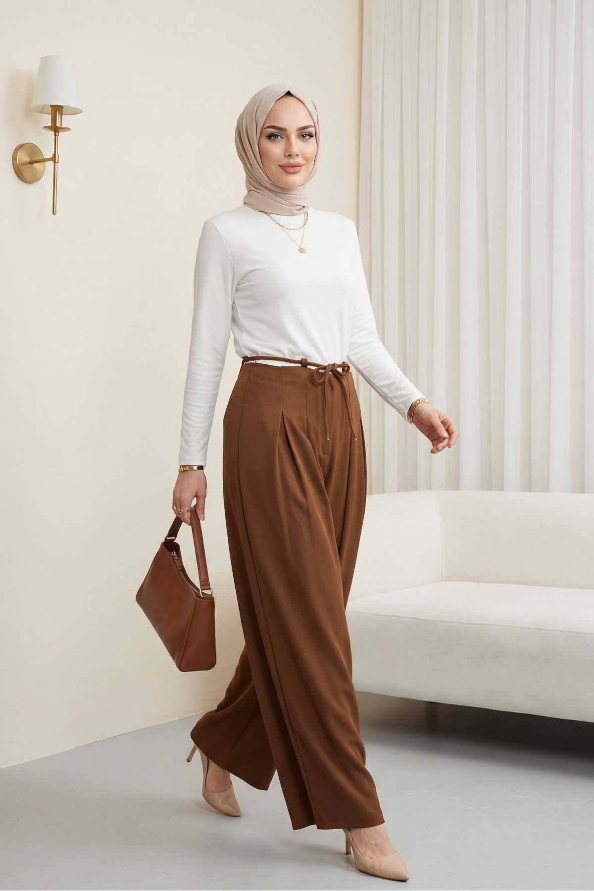 Imported Crepe Pants with Drawstring Waist and Wide Legs -Brown